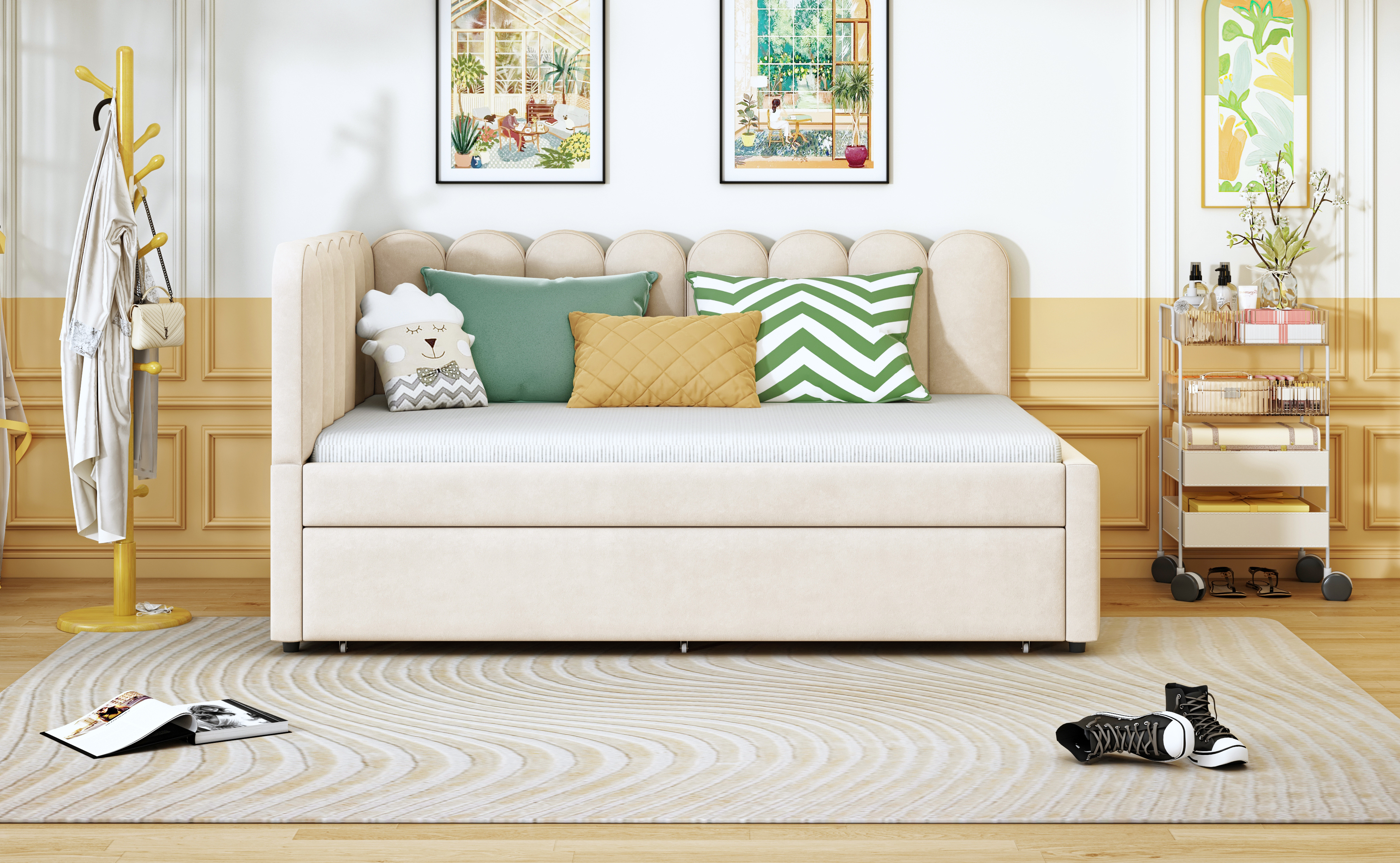 Canapé-lit en L 140×200 cm avec escamotable, velours, pour invités et petites familles, design gain de place, confort assise et couchage, style élégant, utilisation simple, stabilité, durabilité, fonctionnalité - image 9