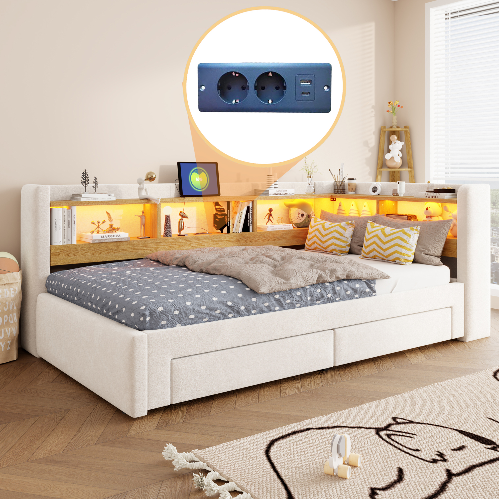 Canapé-Lit Convertible 3‑en‑1 – Confort, Rangement et Éclairage LED – Rangement intelligent et gain de place
