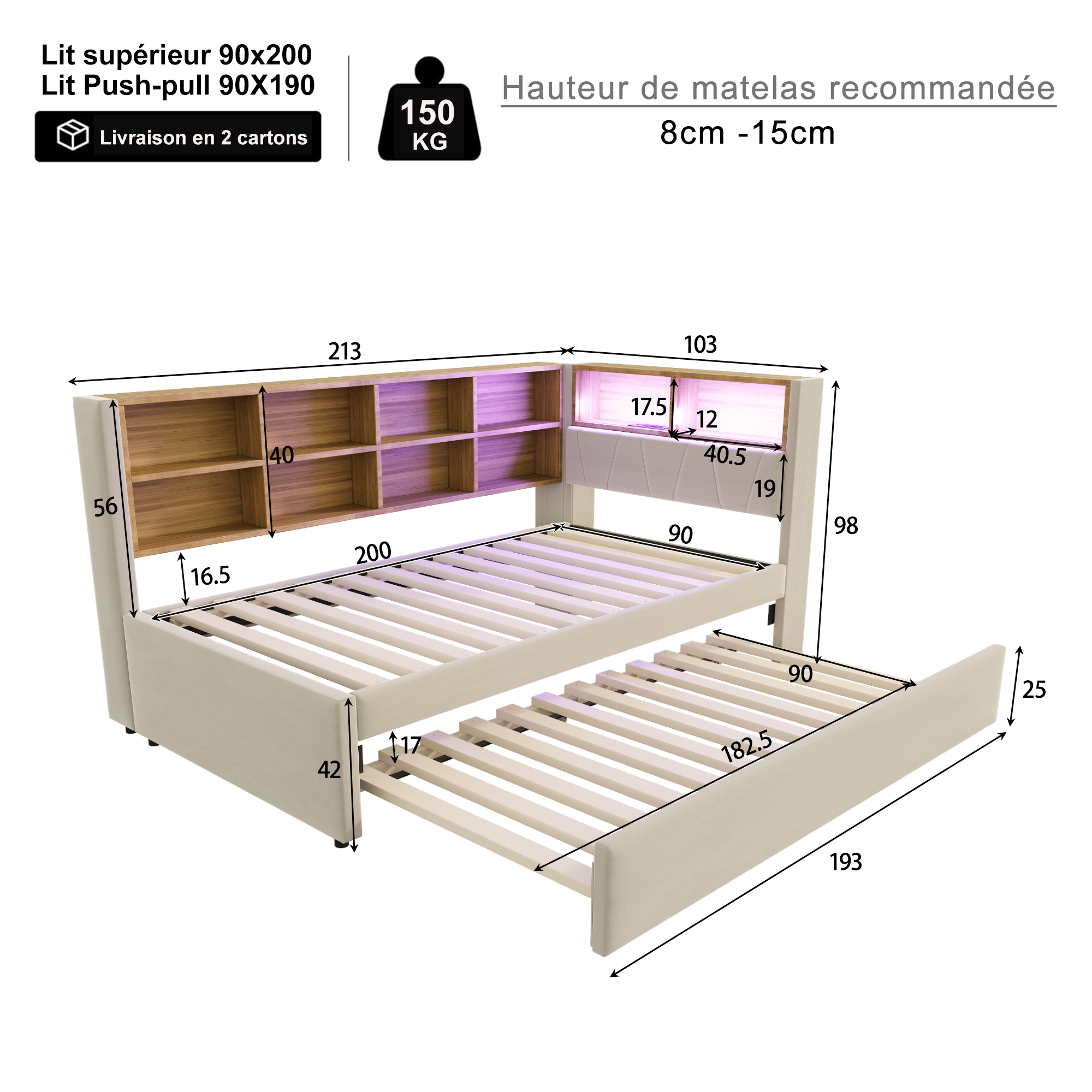 produit fini canapé‑lit avec lit coulissant et éclairage LED