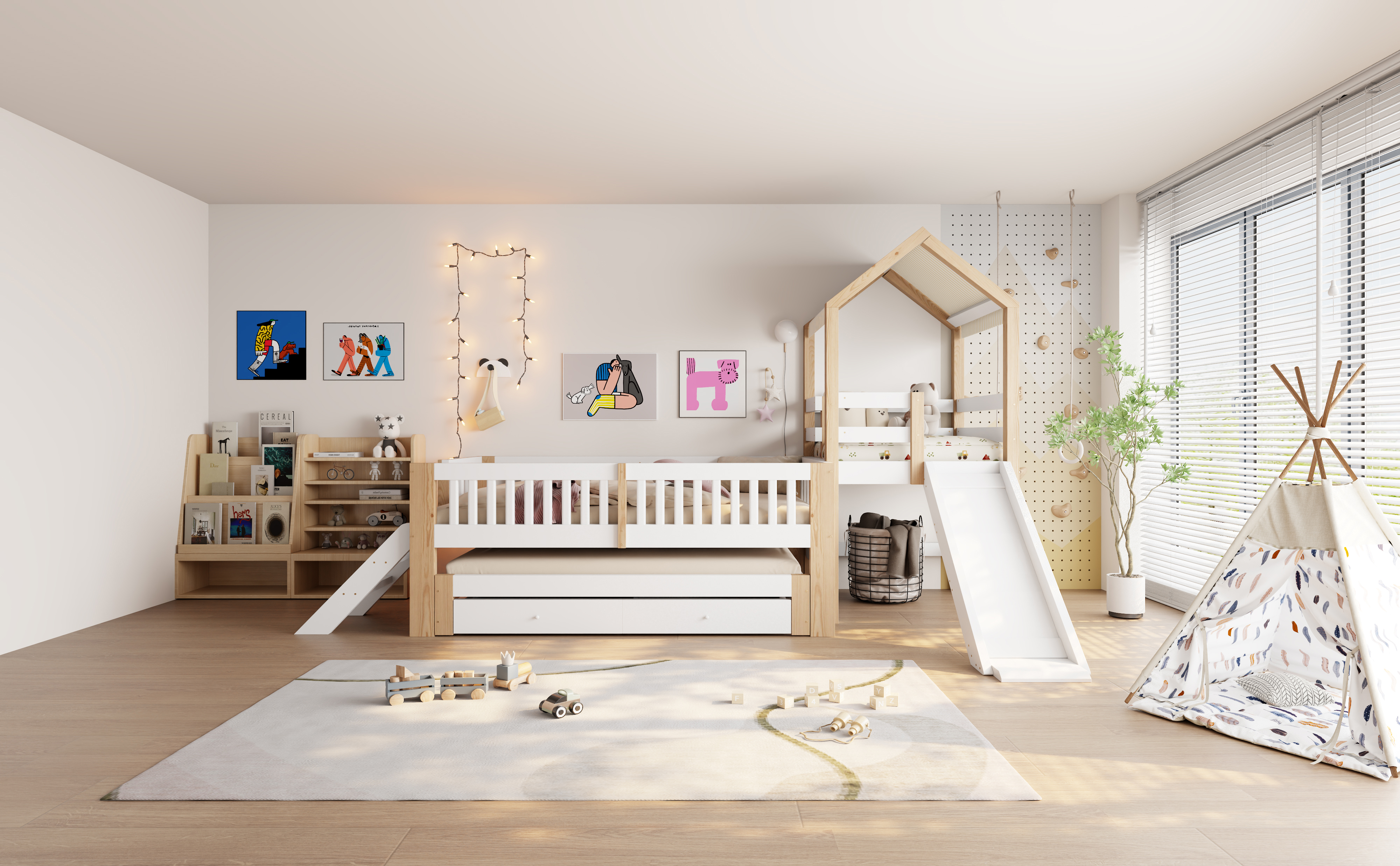 Lit cabane enfant 90x200 cm blanc et bois naturel avec lit gigogne, toboggan et toit en tissu
