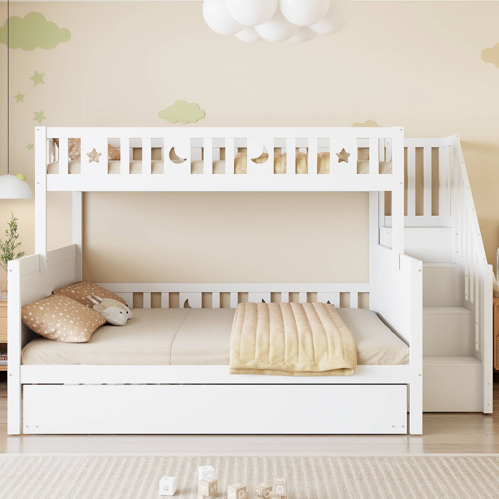 Lit superposé 90 x 200 cm avec éclairage LED, rangements intégrés, fonction extensible, blanc - présentation 1
