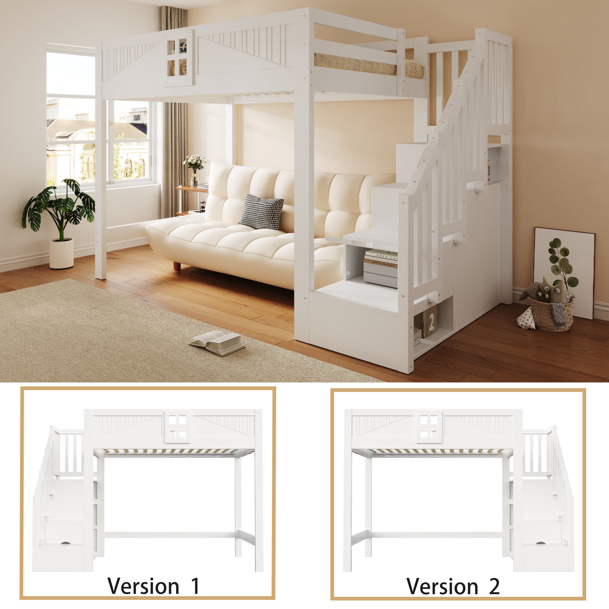 Lit mezzanine 140 x 200 cm avec bureau, échelle, LED, bois, Blanc - dimensions et détails