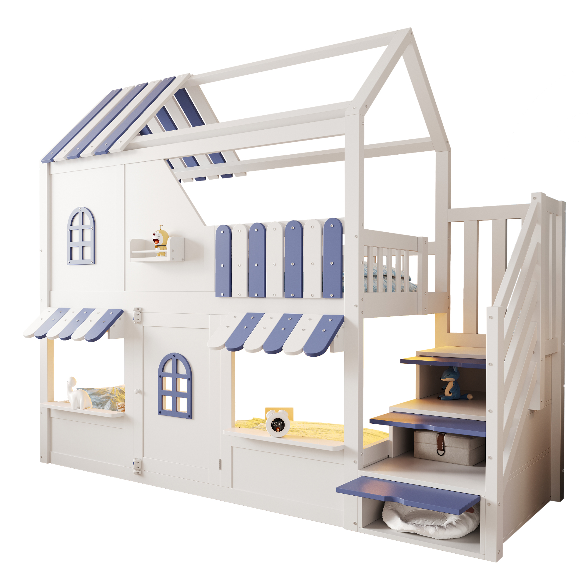 Lit superposé 90 x 200 cm avec échelle avec rangement, LED, rangements, bois, Blanc et bleu - fonctions