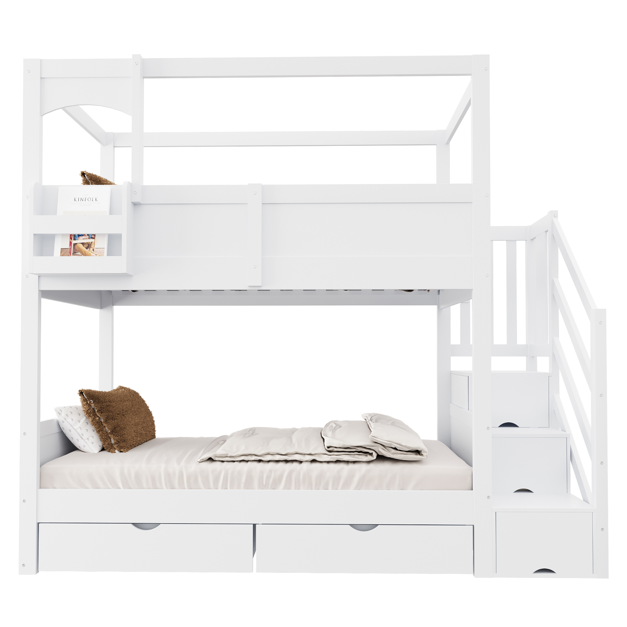 Lit superposé 90 x 200 cm, escalier, 2 tiroirs, design cabane, garde-corps, bois de pin, contreplaqué et MDF, blanc, 253 x 95 x 180 cm 🏠 - spécifications 1