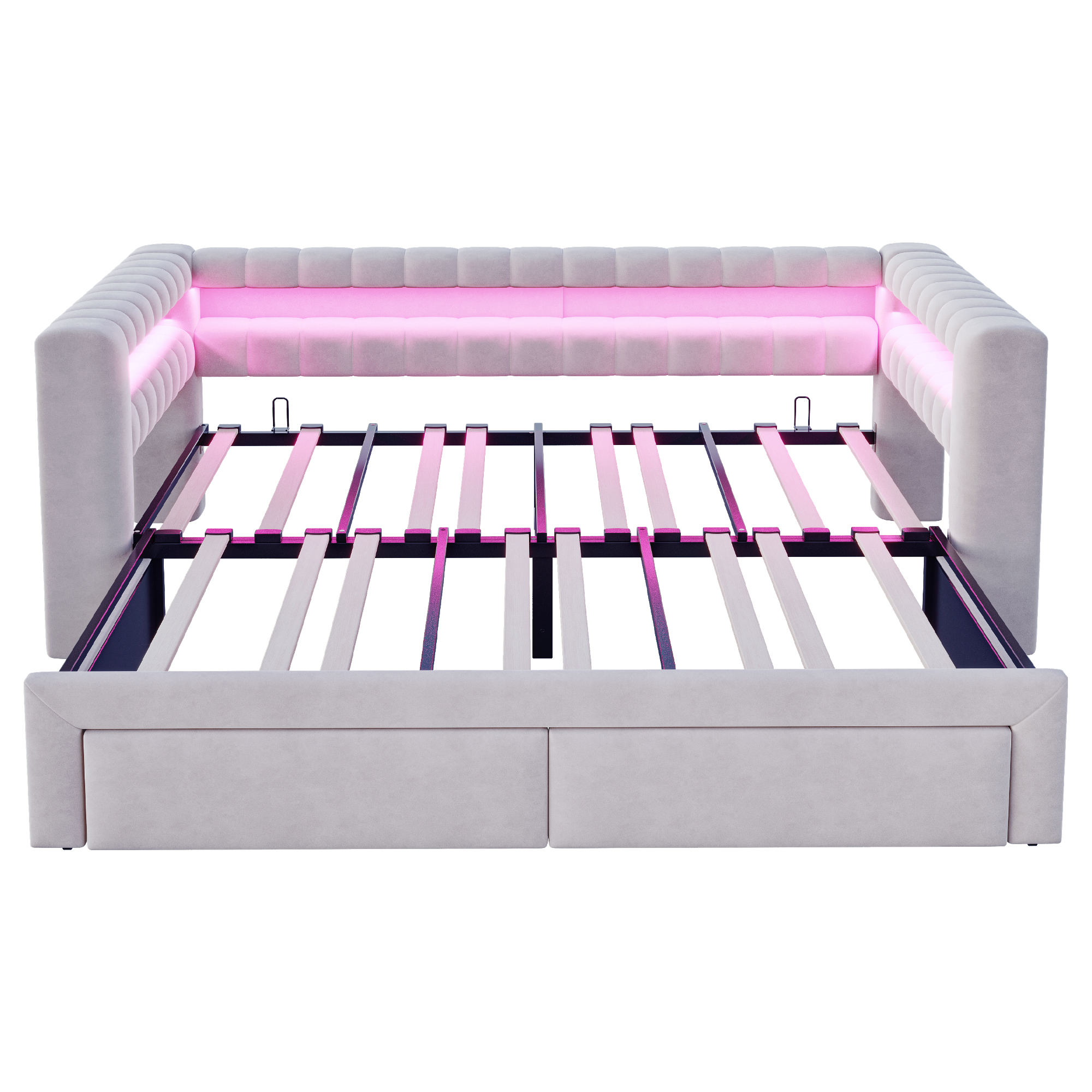 Lit banquette convertible 90x190 cm extensible à 180x190 cm,en velours,couchage gigogne,éclairage LED,ports USB et Type-C,gris clair et gris,lit 1 place,lit avec rangement intégré