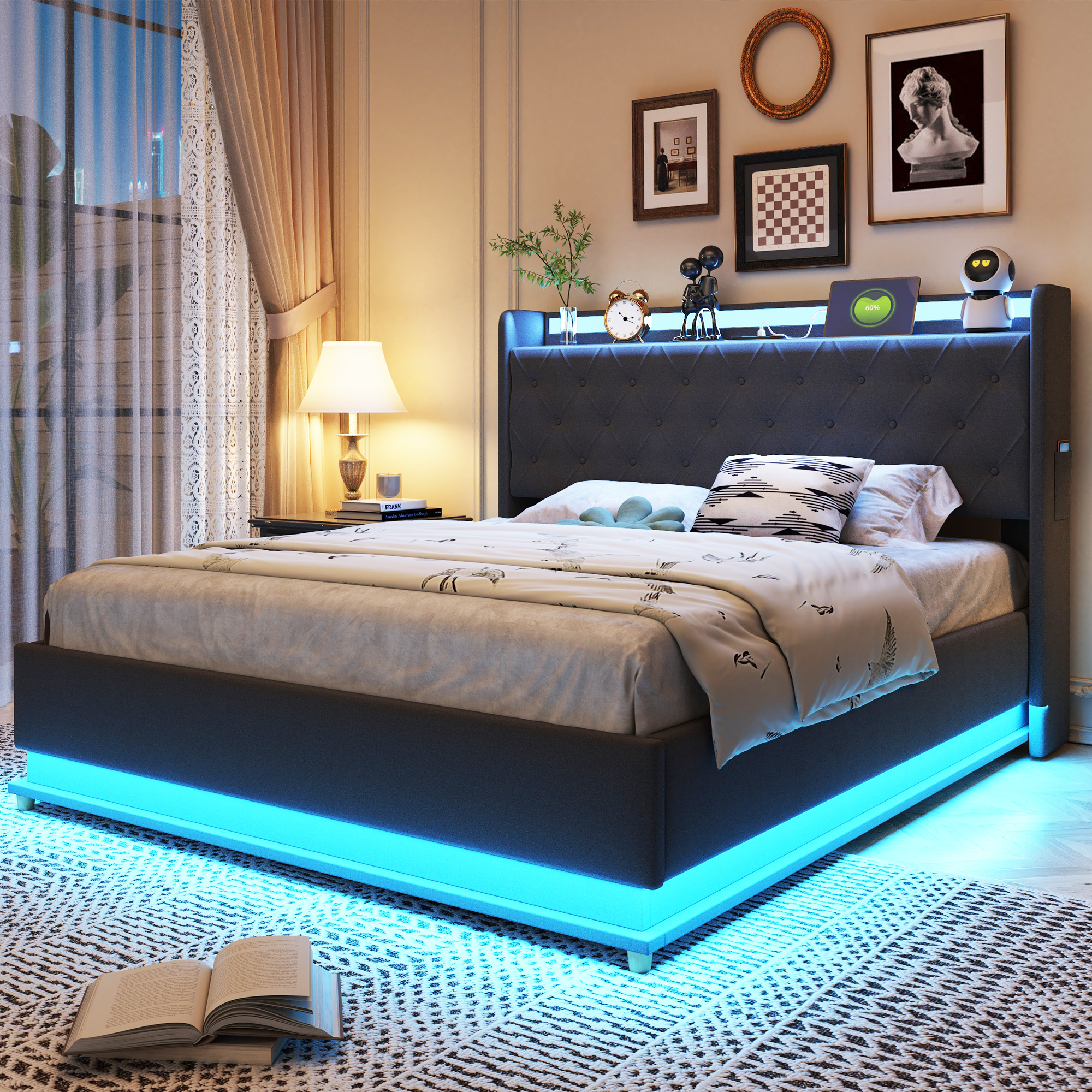 LED Polsterbett 140*200 cm mit USB-Ladeanschluss u