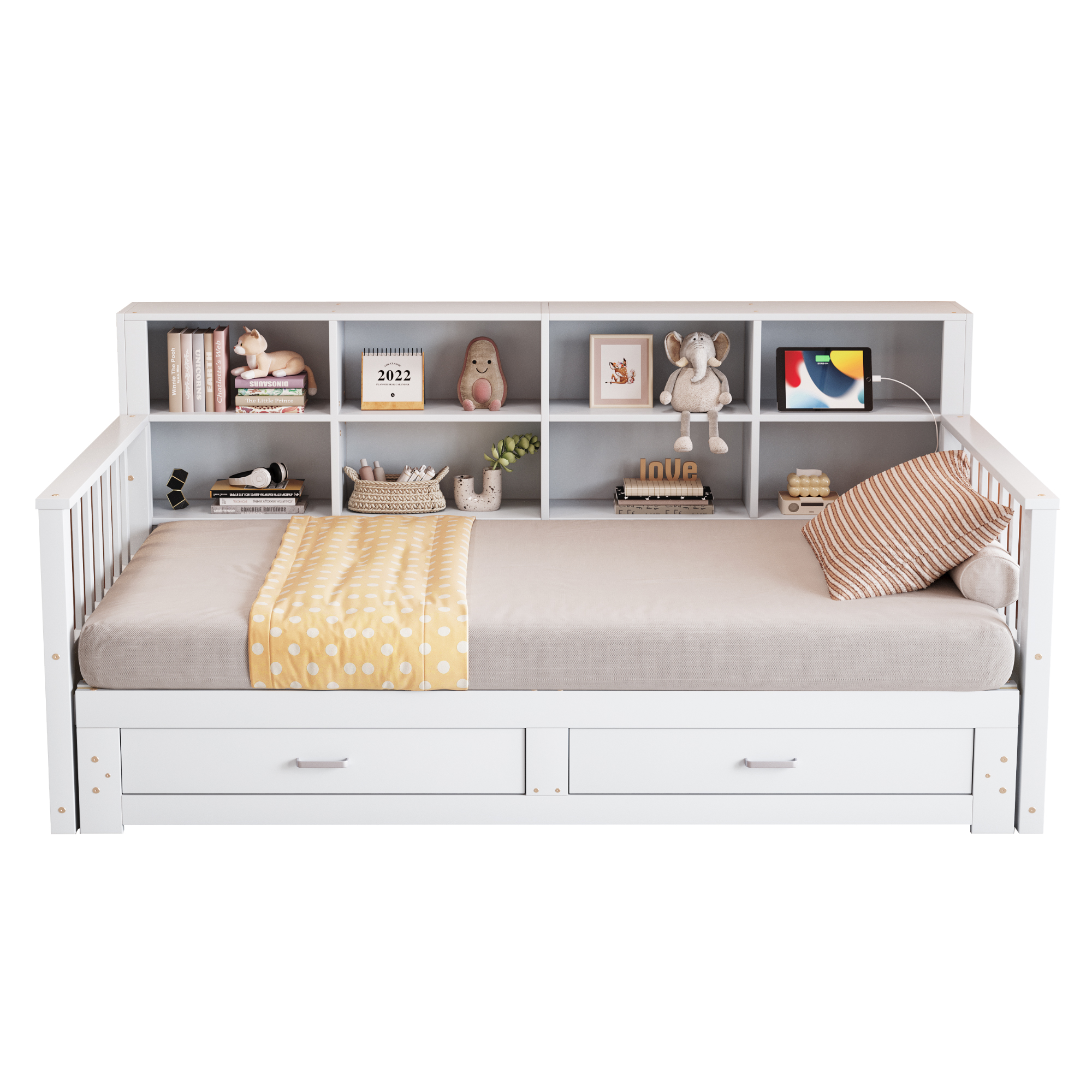 Canapé-lit en bois escamotable 90×190 à 180×190 cm, rangement dossier, prise, tiroir, pour chambre, conversion facile, beaucoup de stockage, recharge au lit, design multifonction, style pratique moderne - image 4