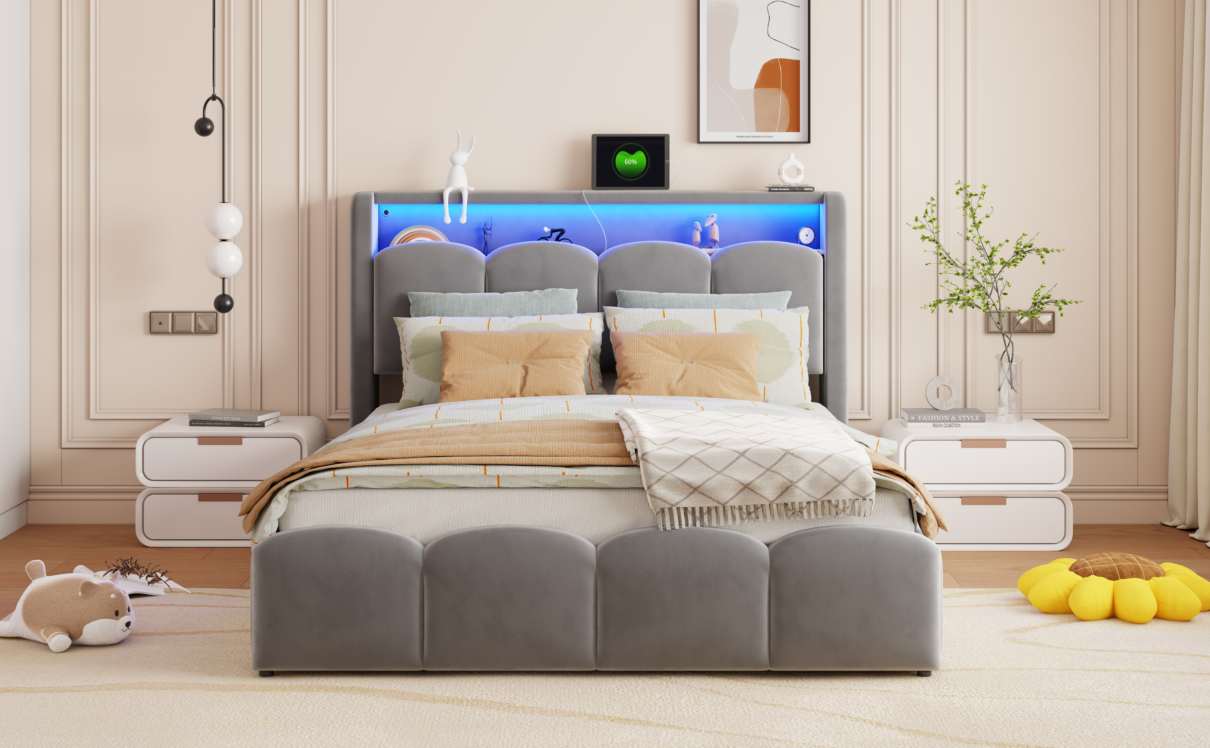Lit coffre double 140x200 cm en velours gris