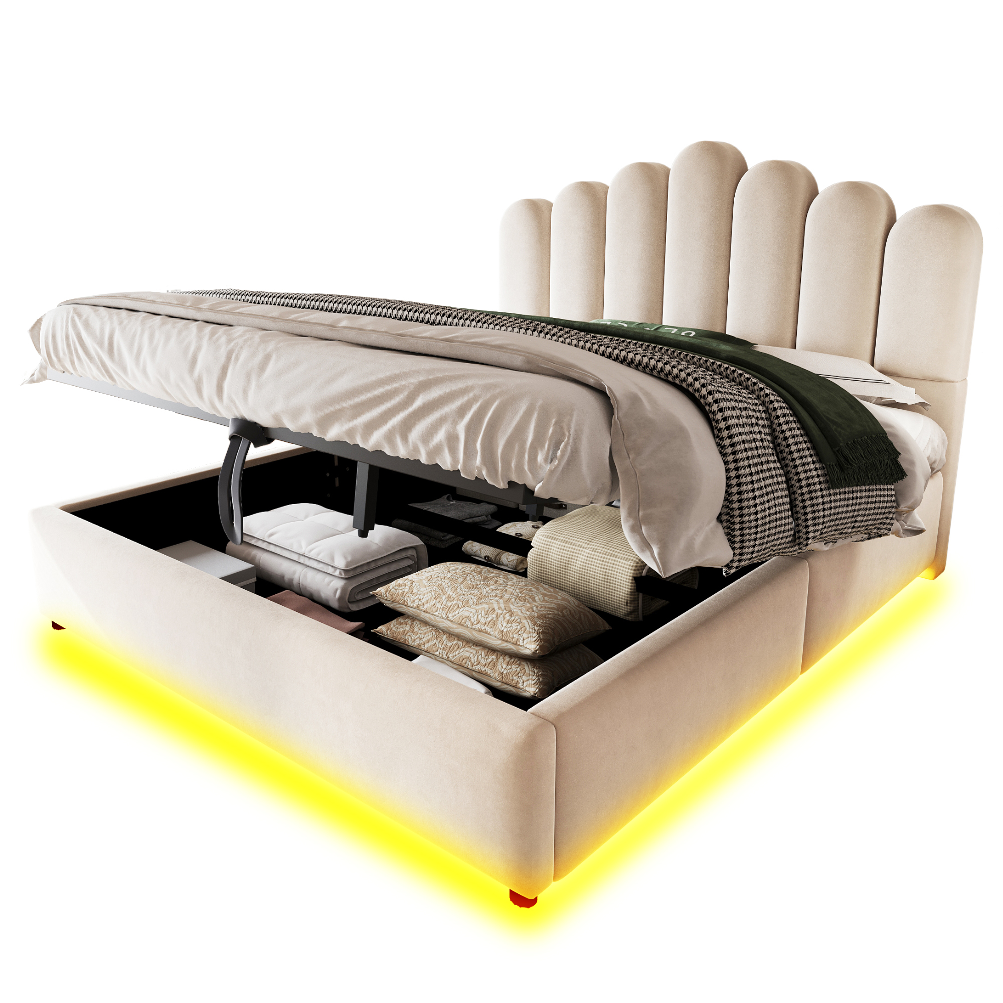 Détails de Lit coffre rembourré en velours 140 x 200 cm avec rangement hydraulique, LED et sommier à lattes, Beige