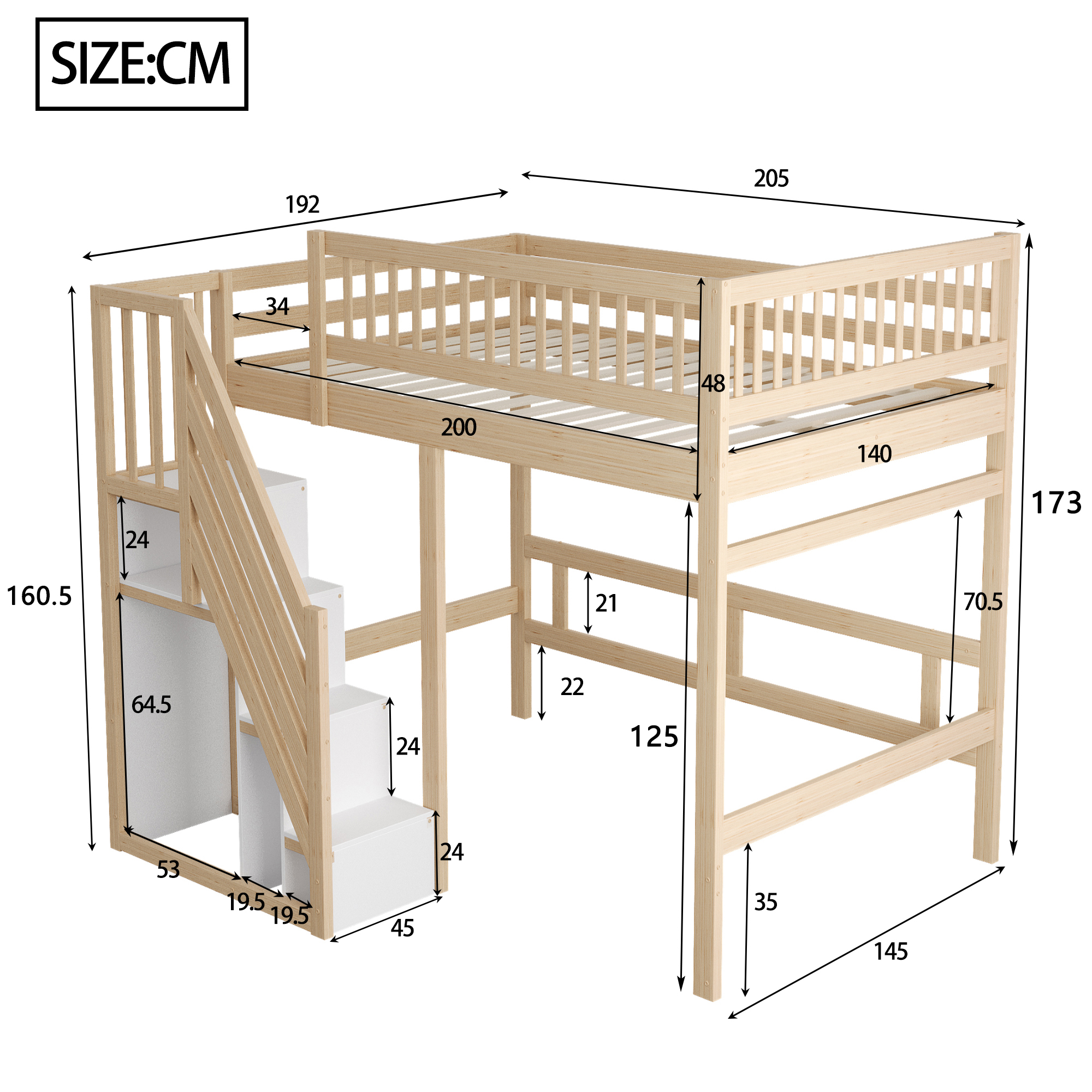 Dimensions lit mezzanine 140x200cm
