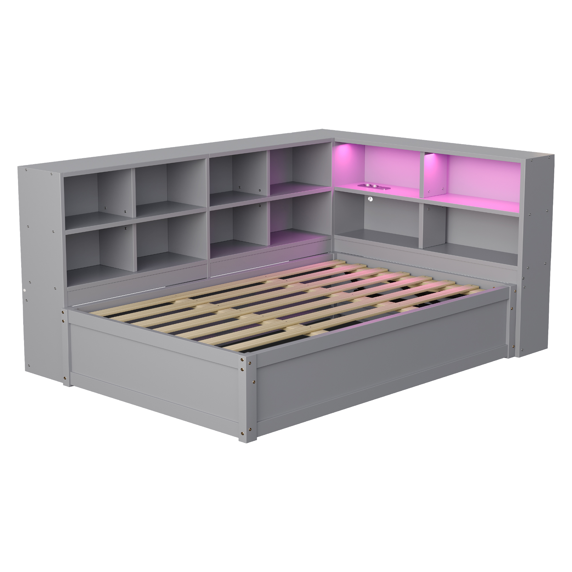 Lit simple en bois massif, prise multifonction intégrée, rangements multiples, bande LED contrôlable par smartphone/télécommande, pour chambre, recharge appareils, beaucoup de stockage, ambiance personnalisée, design moderne - image 10