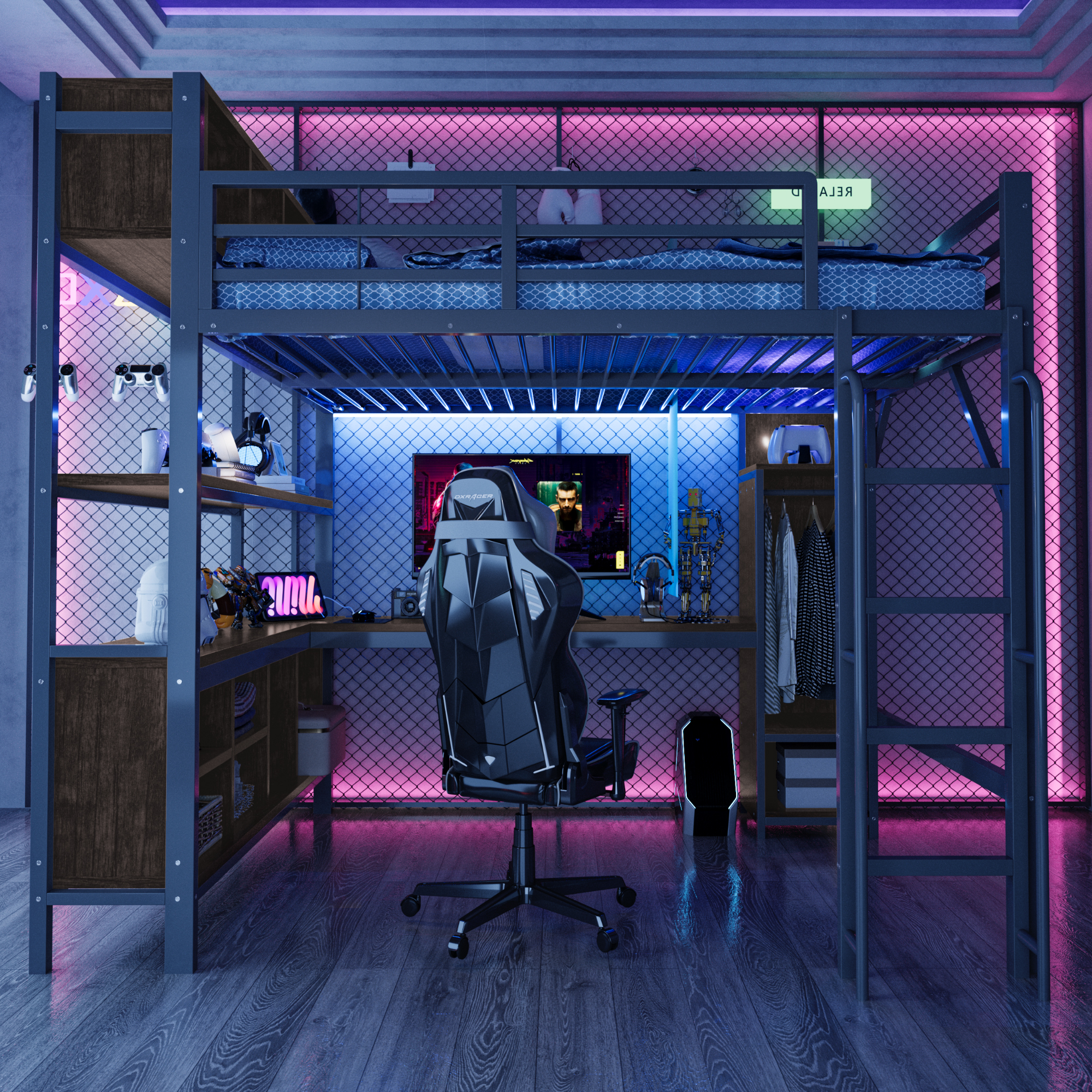 Lit mezzanine 140 x 200 cm, bureau intégré, penderie intégrée, éclairage LED au niveau du bureau, prise intégrée, métal, noir, 229,2 x 145 x 185 cm - vue principale 1