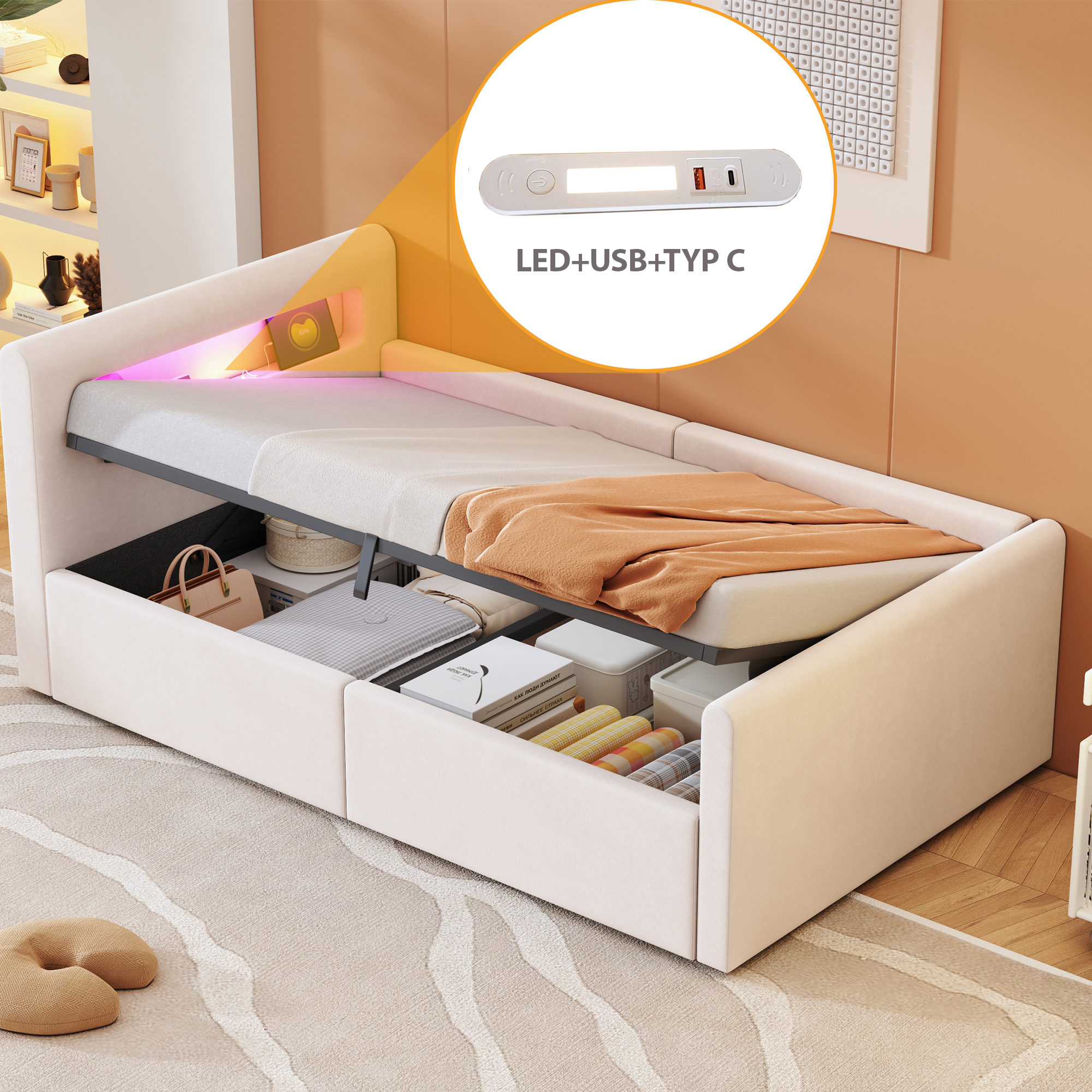 Lit enfant rembourré avec LED, veilleuse et port USB