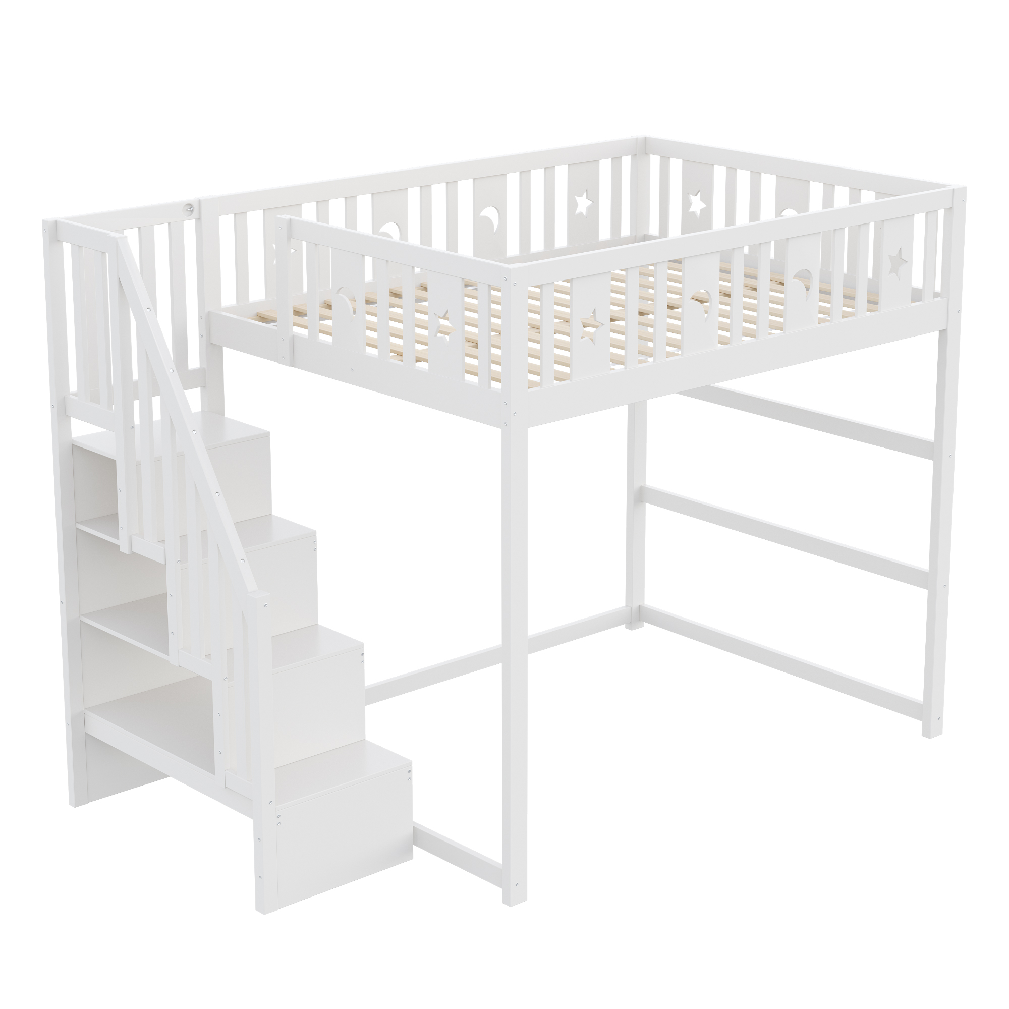 Lit mezzanine enfant 140 x 200 cm en bois massif avec escalier de rangement, détails étoile et lune, blanc en situation