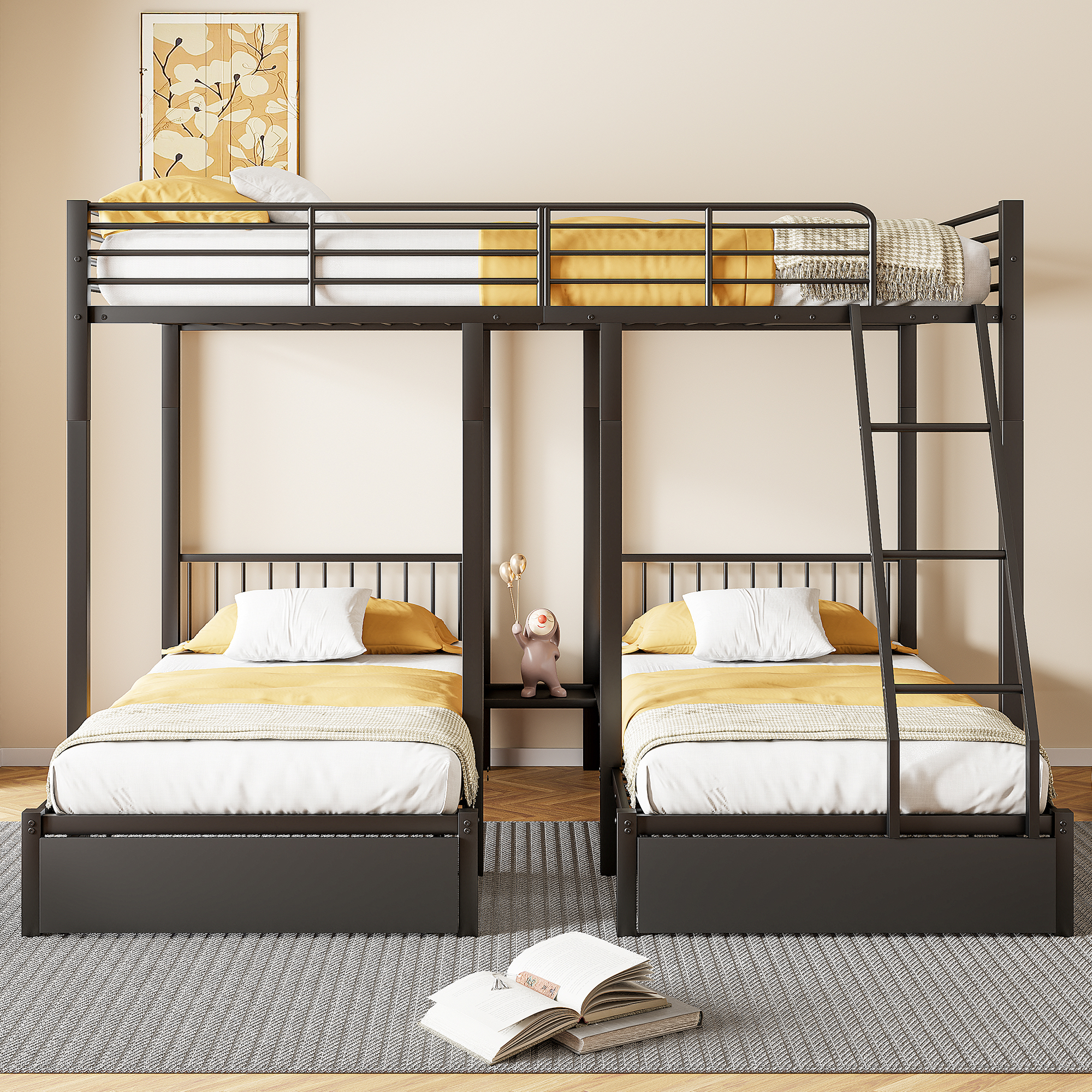 Lit triple 140×200 + 2×90×200 cm, 2 tiroirs escamotables, divisible en 3 lits séparés, barrières continues, pour famille et invités, gain de place vertical, stabilité, sécurité, fonctionnalité, durabilité - image 6