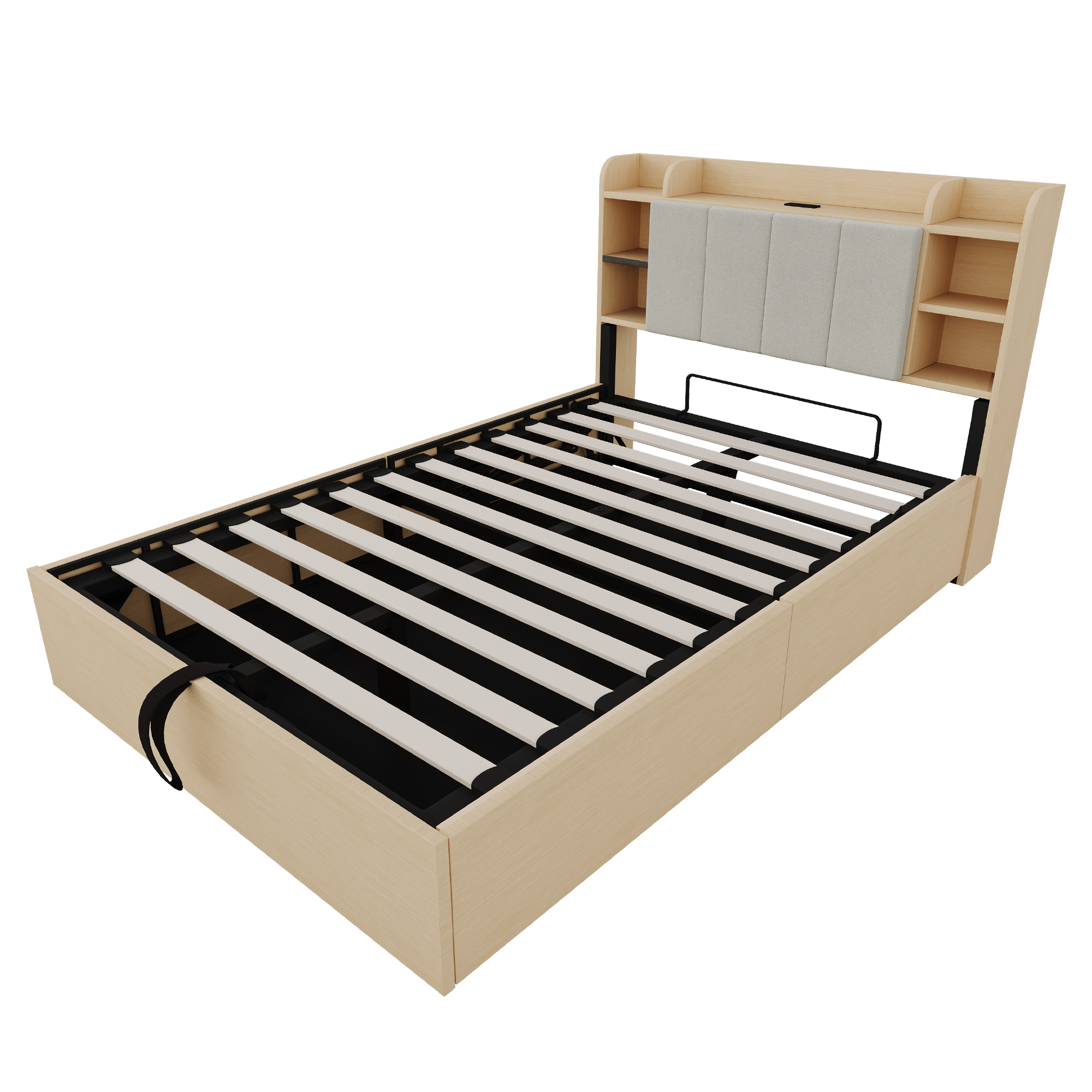 Lit coffre hydraulique 140 x 200 cm avec tête de lit à rangements, prises USB Type-C et structure MDF bois naturel
