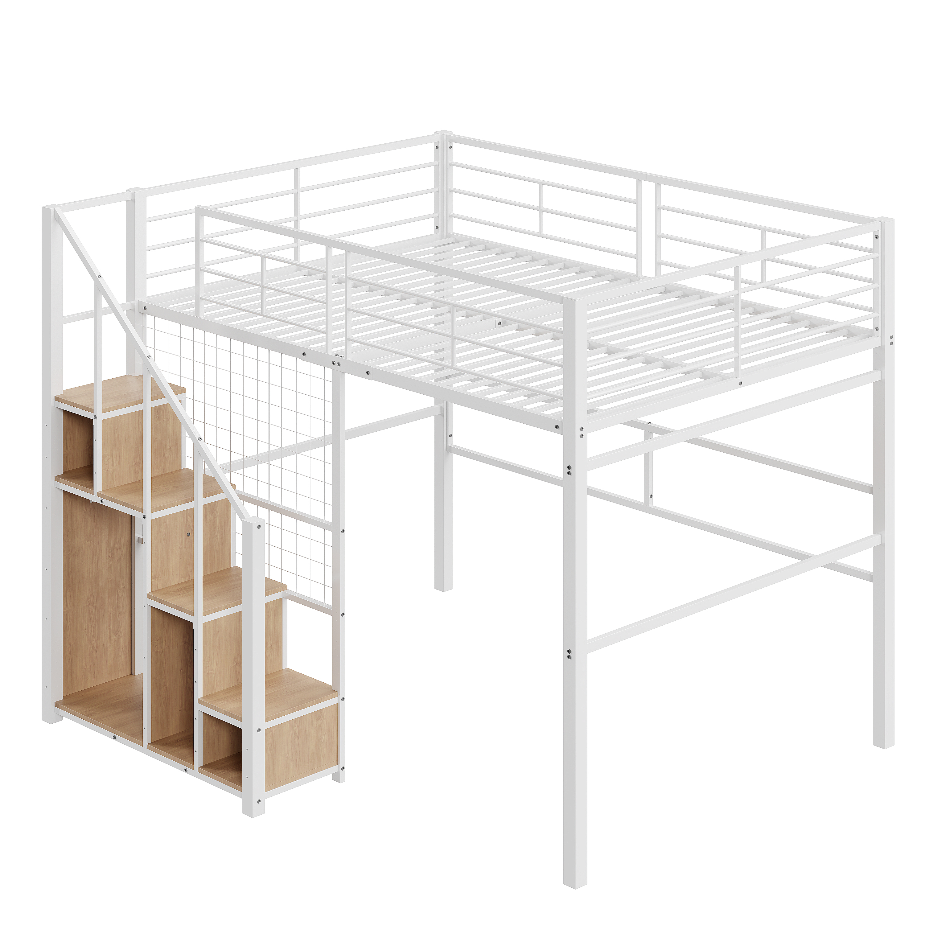 Dimensions et détails du lit mezzanine en métal 140 x 200 cm avec rangement penderie, escalier et espace inférieur blanc