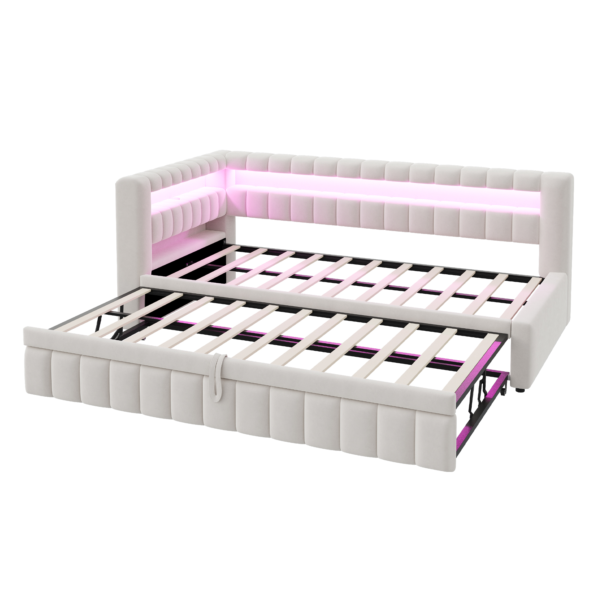 Lit banquette convertible 90x200 cm,en velours,couchage gigogne,éclairage LED,ports USB et Type-C,beige,lit 1 place,lit avec rangement intégré