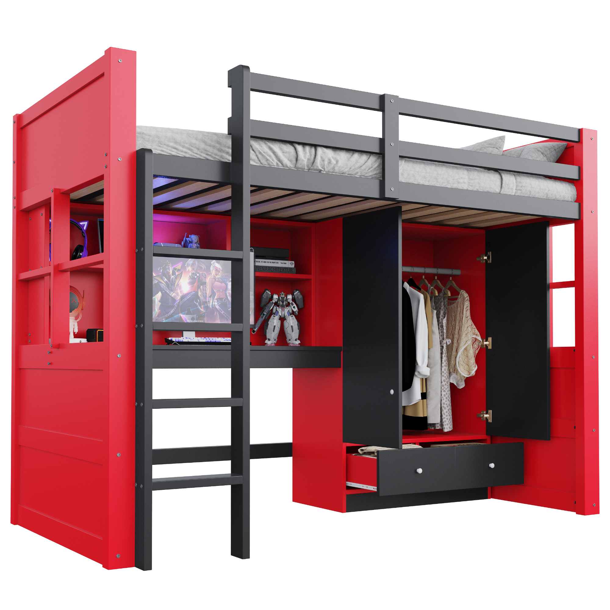 Lit mezzanine 90x200 cm gain de place 205x100,5x174 cm en bois Noir + Rouge - présentation 1