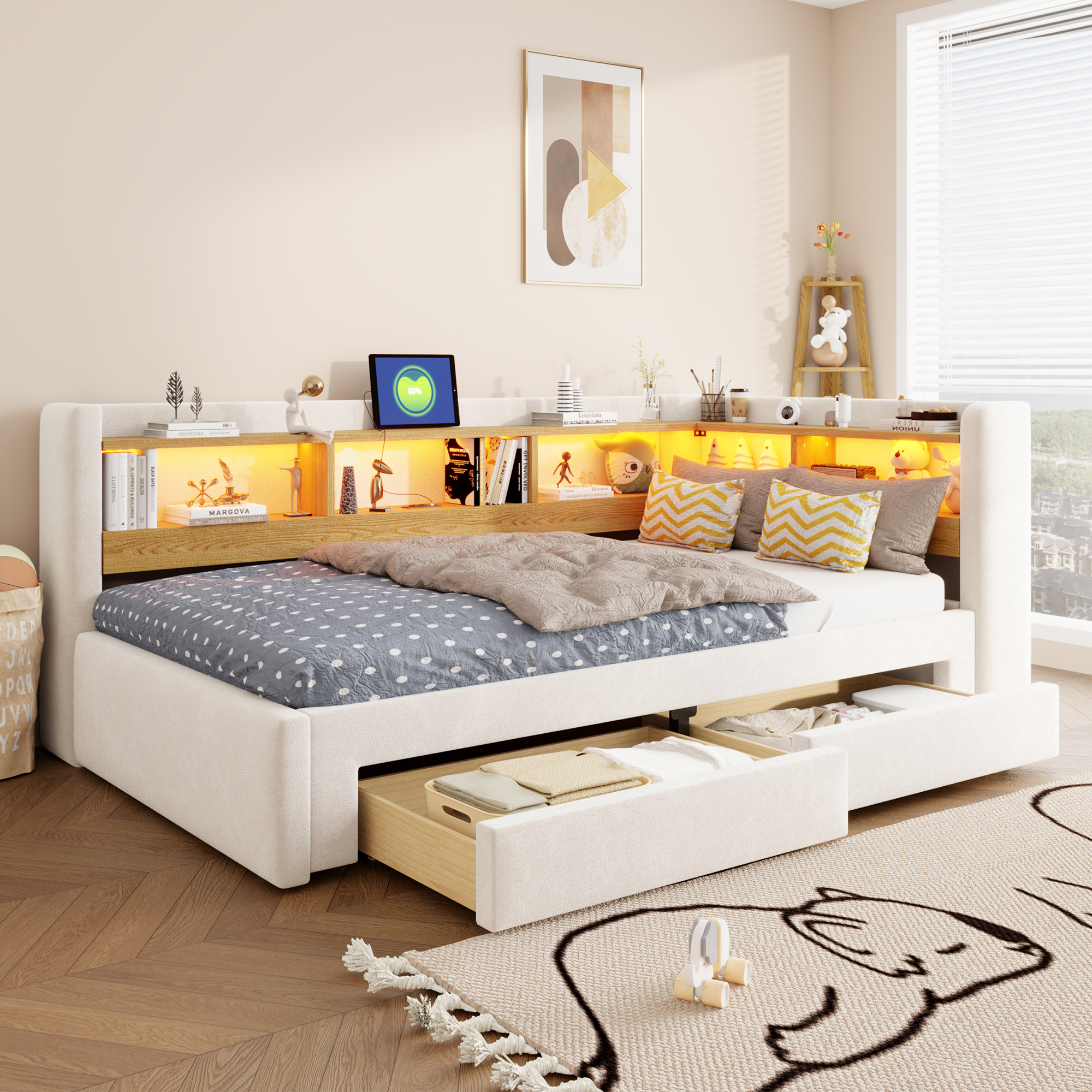 Canapé-Lit Convertible 3‑en‑1 – Confort, Rangement et Éclairage LED – Design 3‑en‑1 : canapé, lit simple et lit double