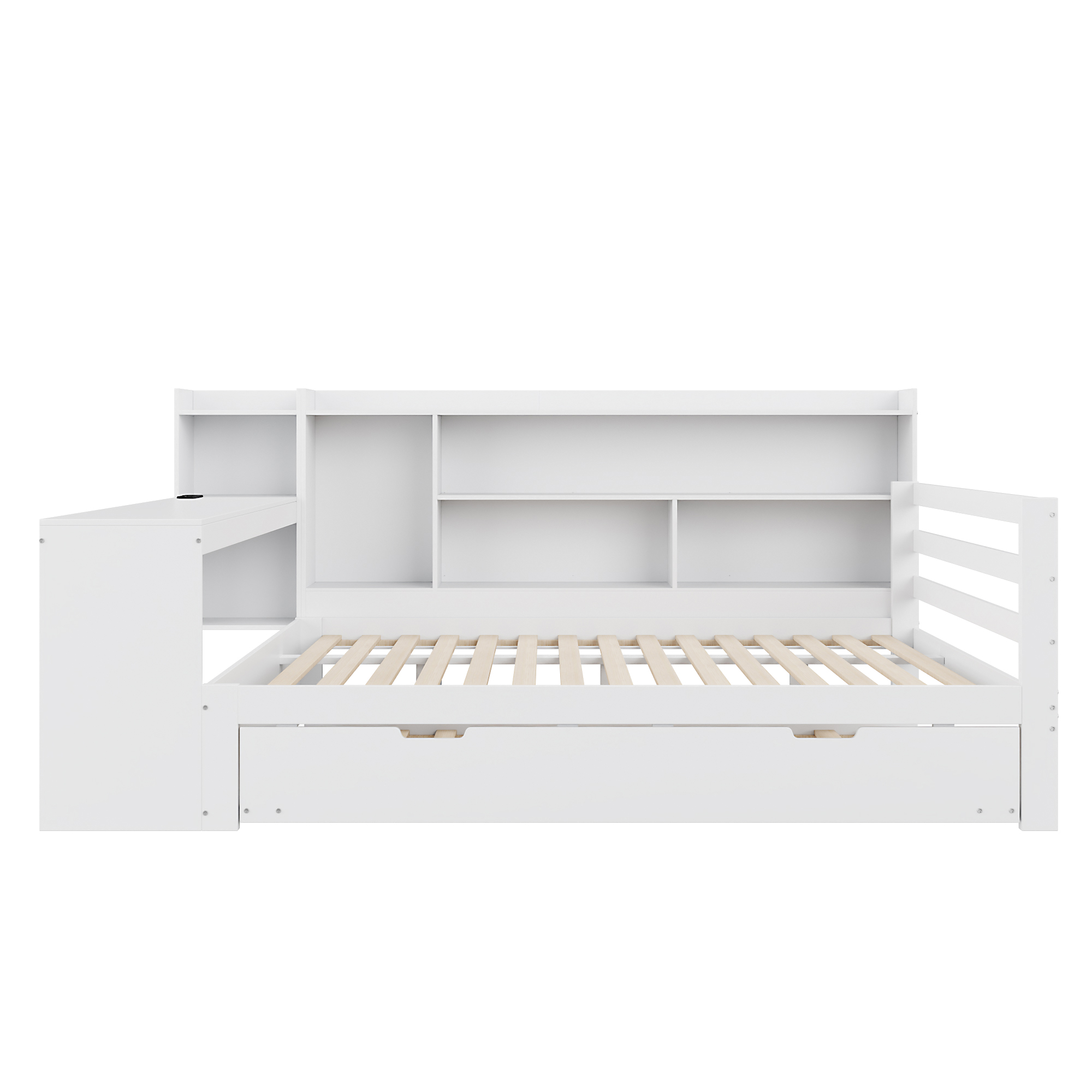 Canapé-lit en bois avec escamotable, étagères, bibliothèques, compartiments, prise + USB, pour salon et chambre, beaucoup de rangement, couchage supplémentaire, recharge au lit, design fonctionnel, stabilité, durabilité - image 12