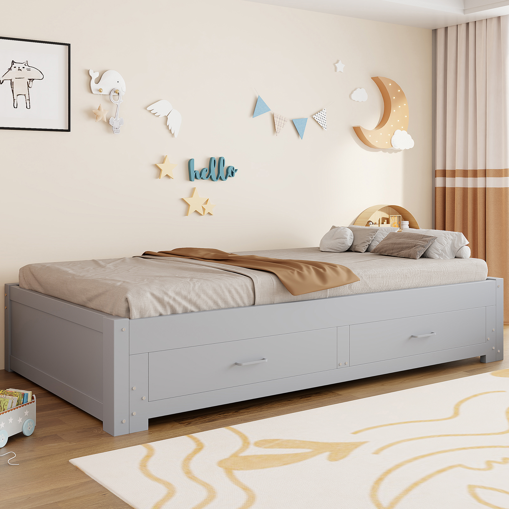 Lit banquette / lit gigogne 90 x 190 cm avec éclairage LED, rangements intégrés, fonction extensible, gris - présentation 1