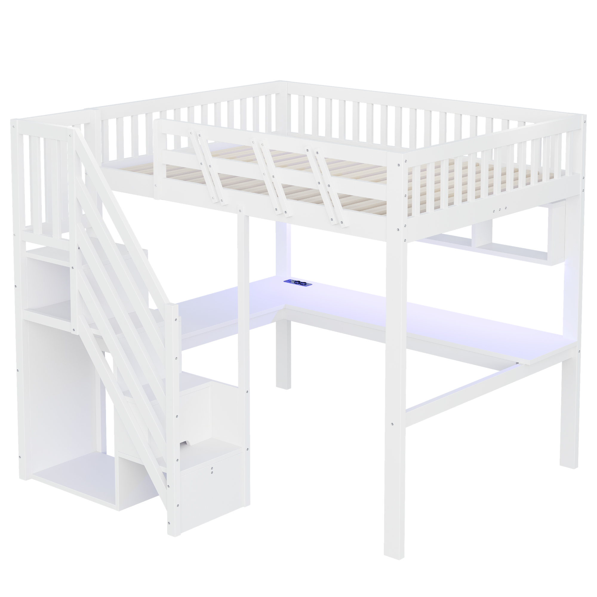 Lit enfant 140 x 200 cm avec bureau, LED, ports de charge, rangements, bois, Blanc - vue complémentaire