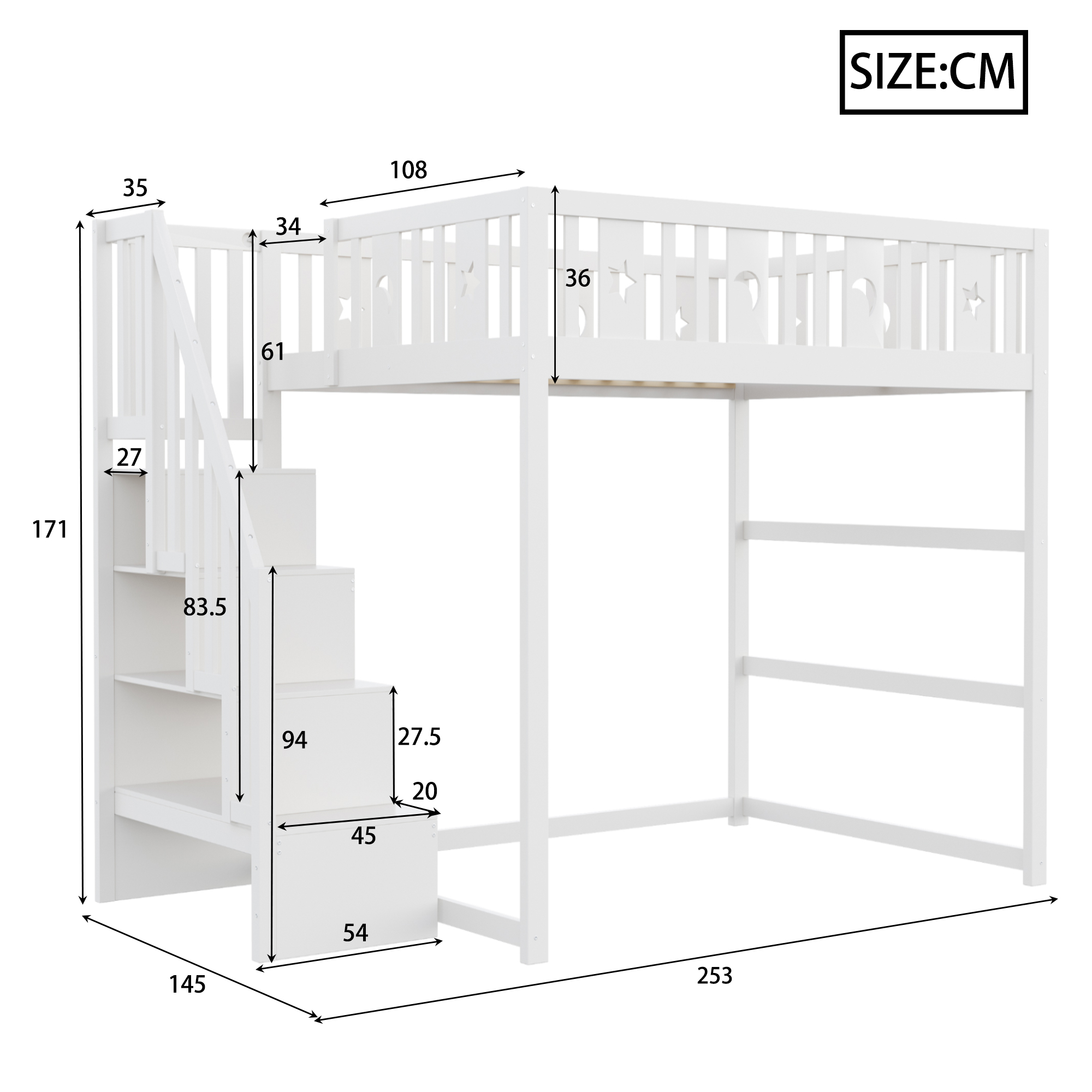Lit mezzanine enfant 140 x 200 cm en bois massif avec escalier de rangement, détails étoile et lune, blanc vue détaillée