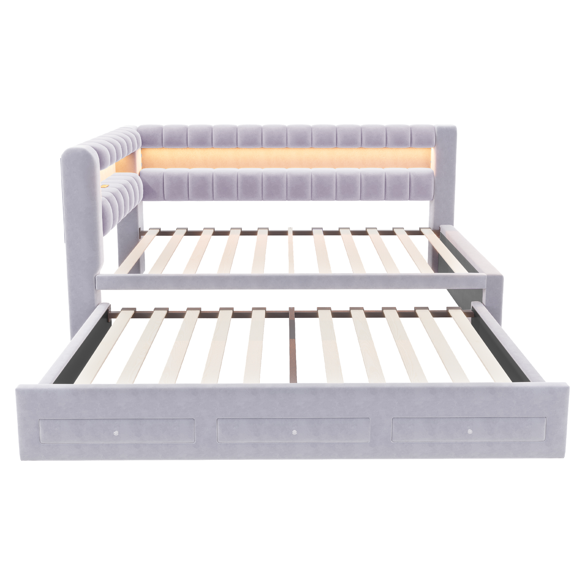 Lit banquette convertible 90x190 cm,en velours,couchage gigogne,éclairage LED,ports USB et Type-C,gris clair et gris,lit 1 place,lit avec rangement intégré