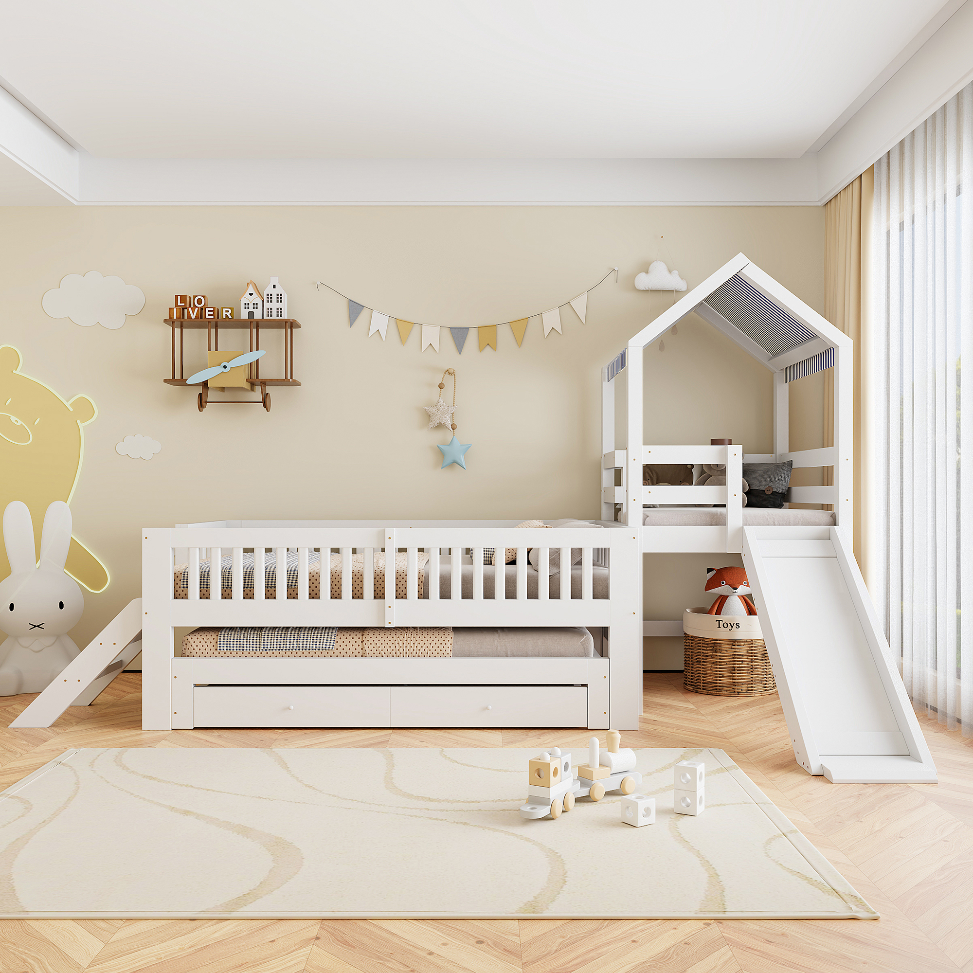 Lit superposé en bois 90 x 200 cm + 90 x 190 cm avec lit gigogne, tiroirs, rangements et toboggan, Blanc