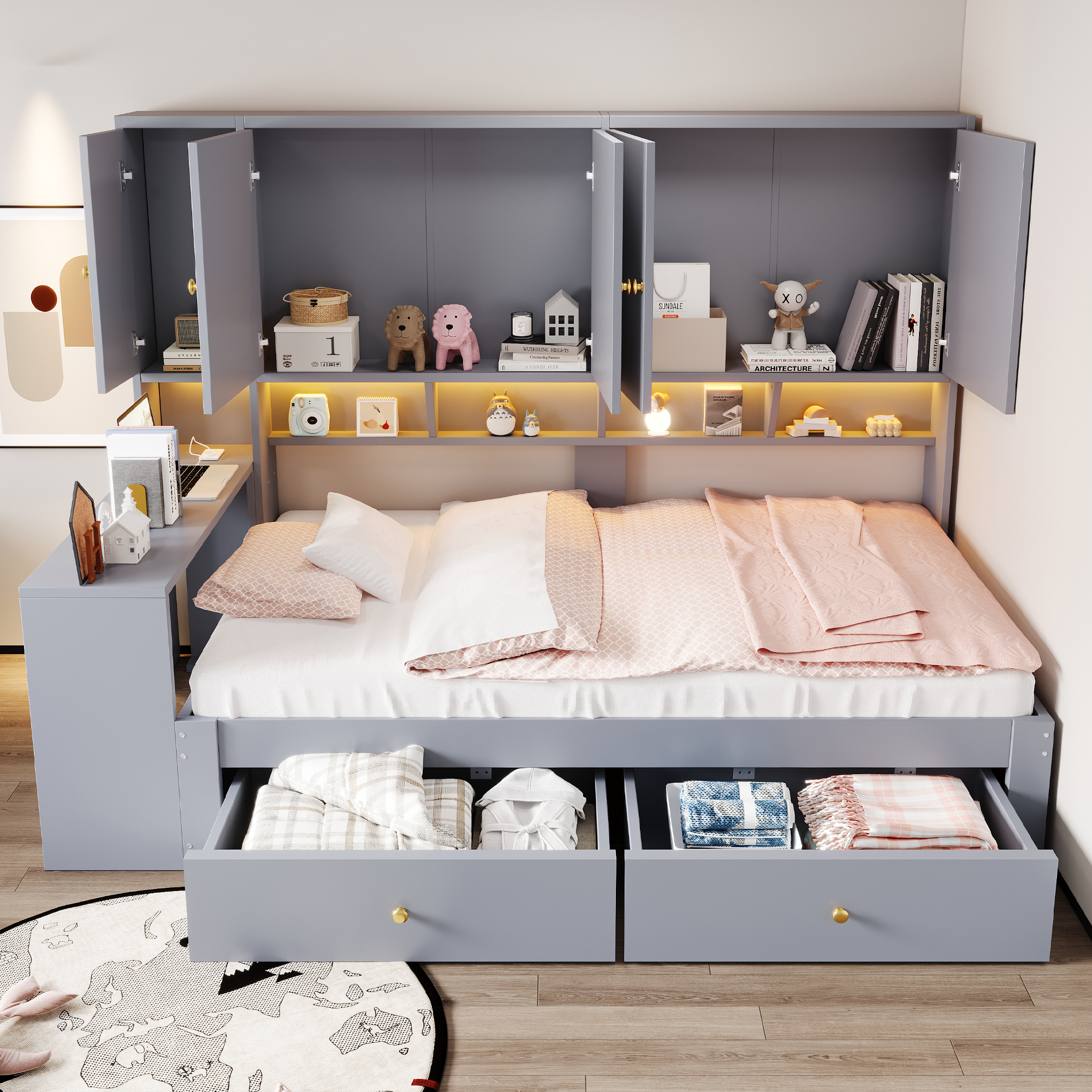 Lit multifonction gris 90 x 200 cm avec bureau, rangements, tiroirs et éclairage LED