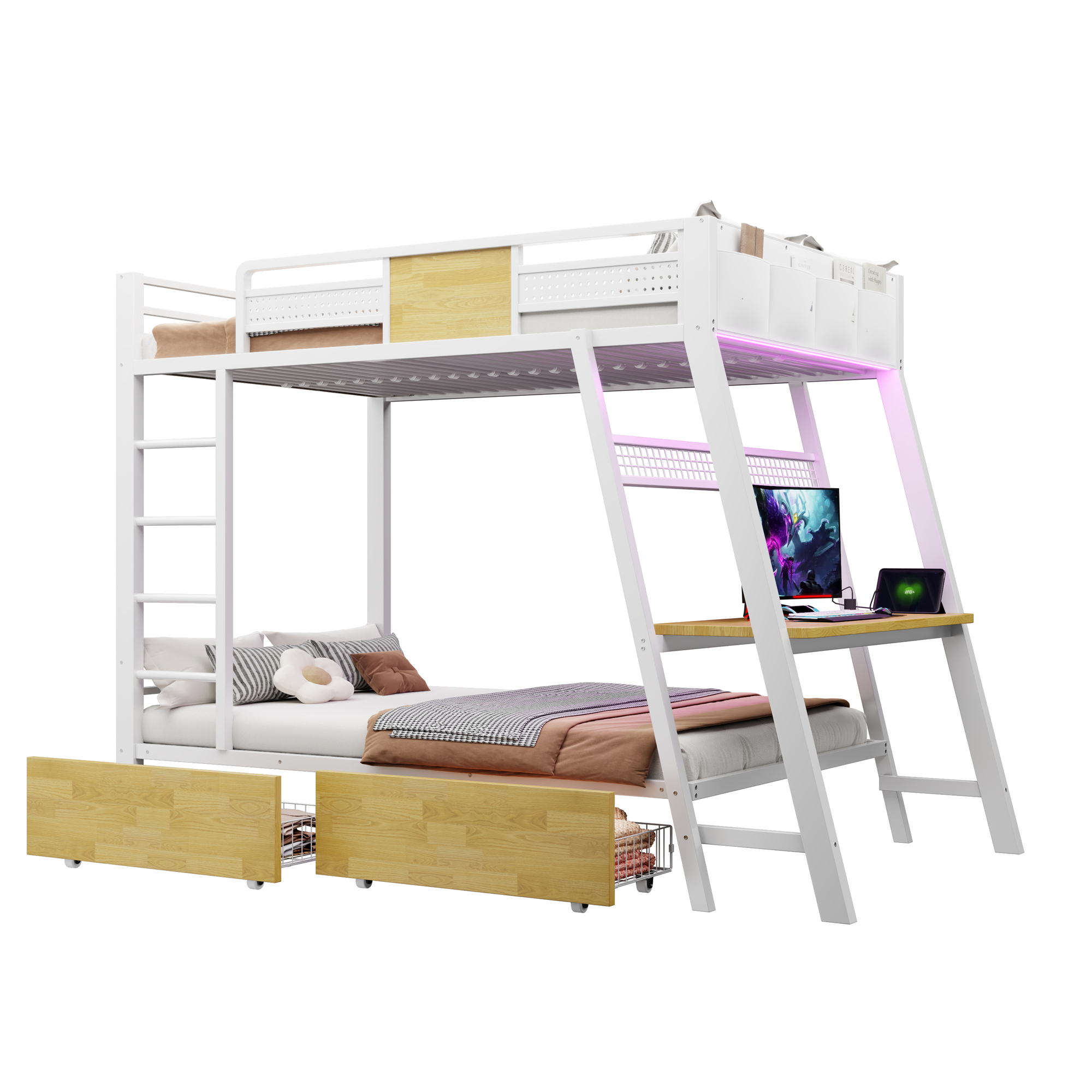 Lit superposé 90 x 200 cm, bureau intégré, échelle latérale, tiroirs de rangement, éclairage LED au niveau du bureau, métal et MDF, blanc, 236 x 95,5 x 170 cm 🛏️🪜 - points forts 1