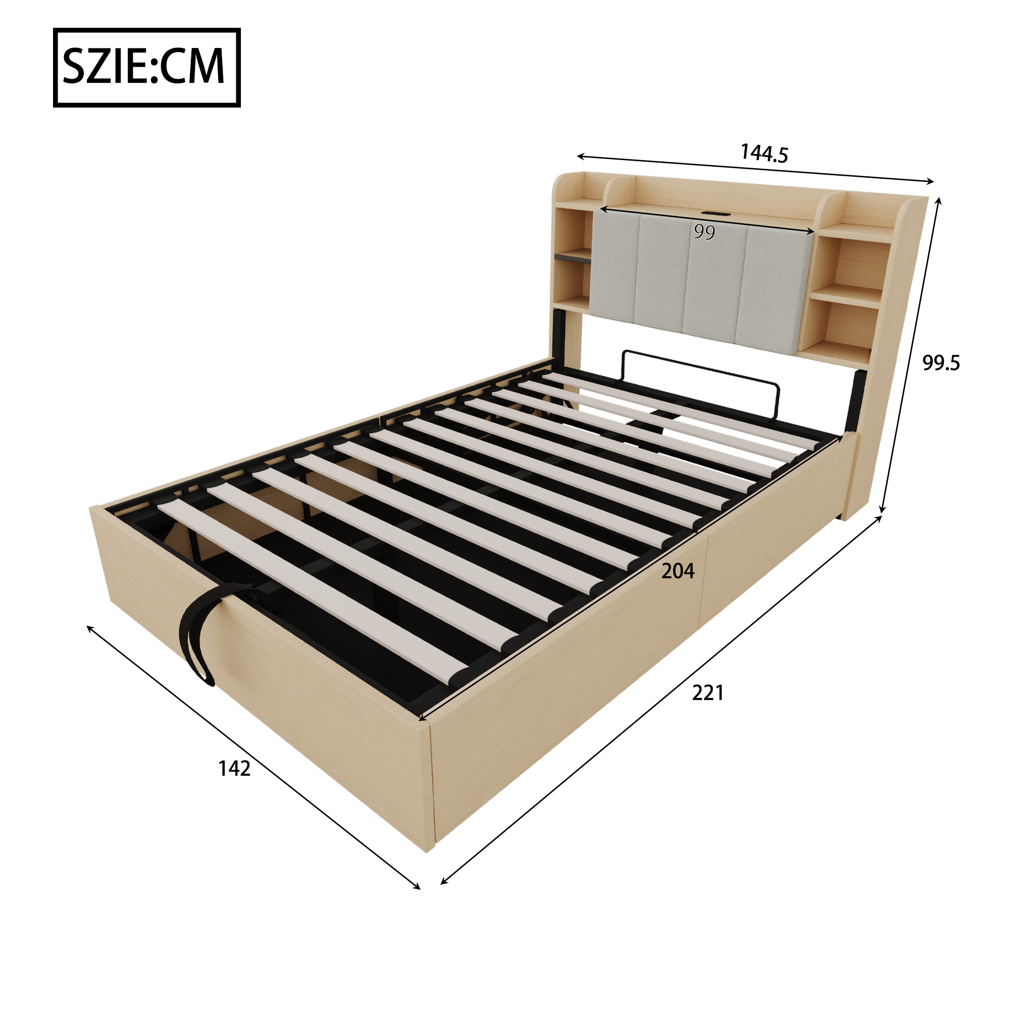 Lit coffre hydraulique 140 x 200 cm avec tête de lit à rangements, prises USB Type-C et structure MDF bois naturel vue détaillée