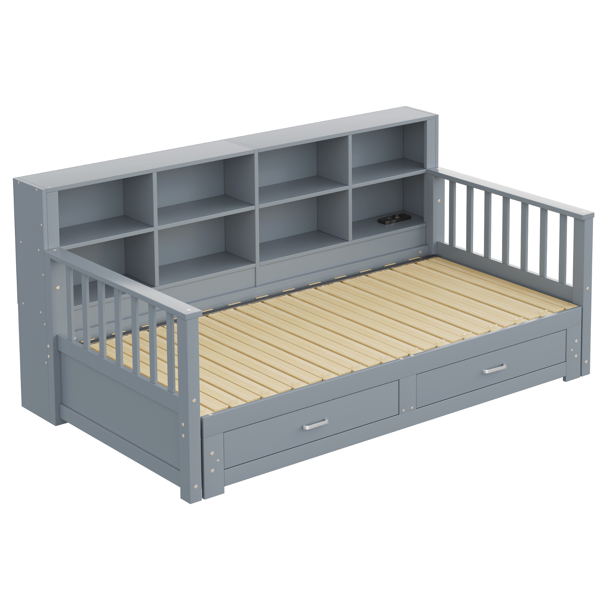 Canapé-lit en bois escamotable 90×190 à 180×190 cm, rangements dossier, prise, tiroir, pour chambre, conversion simple, beaucoup de stockage, recharge appareils, design multifonction, style pratique - image 8