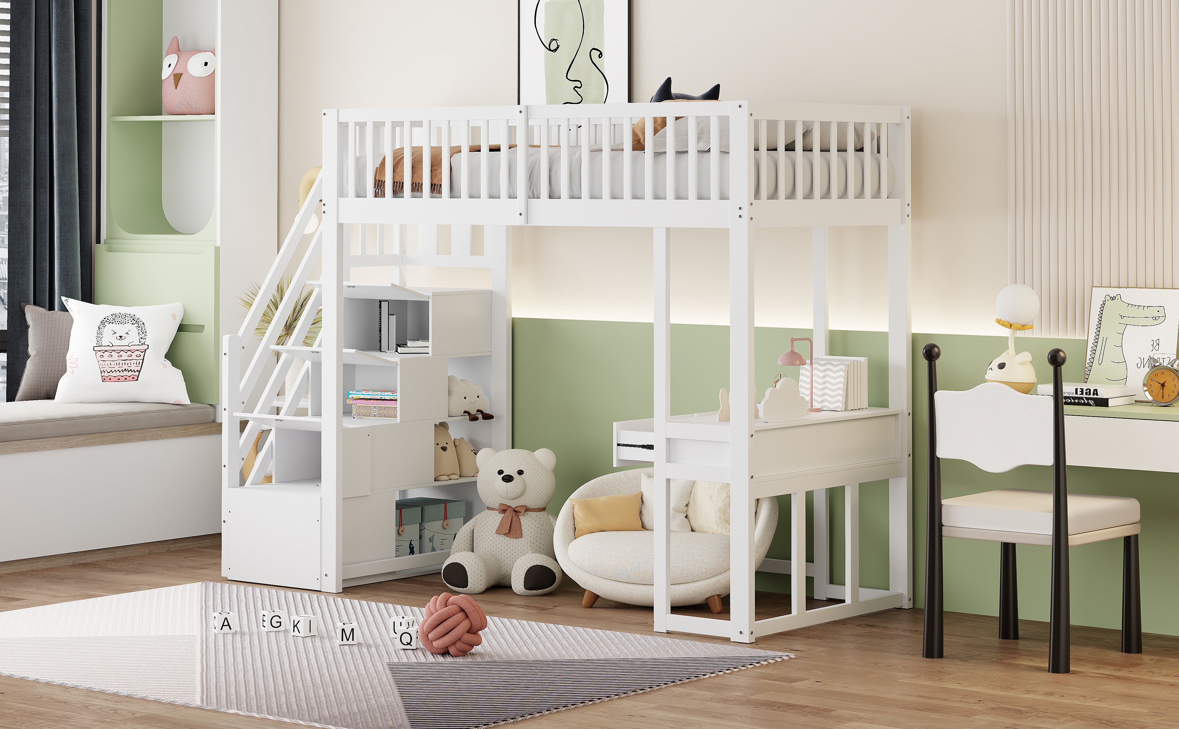 Lit mezzanine pin avec table multifonction (coiffeuse/ordinateur/travail), échelle-coffre sécurité, espace sous lit, pour enfant et adolescent, chambre et étude, gain de place, sécurité renforcée, stabilité, durabilité - image 14