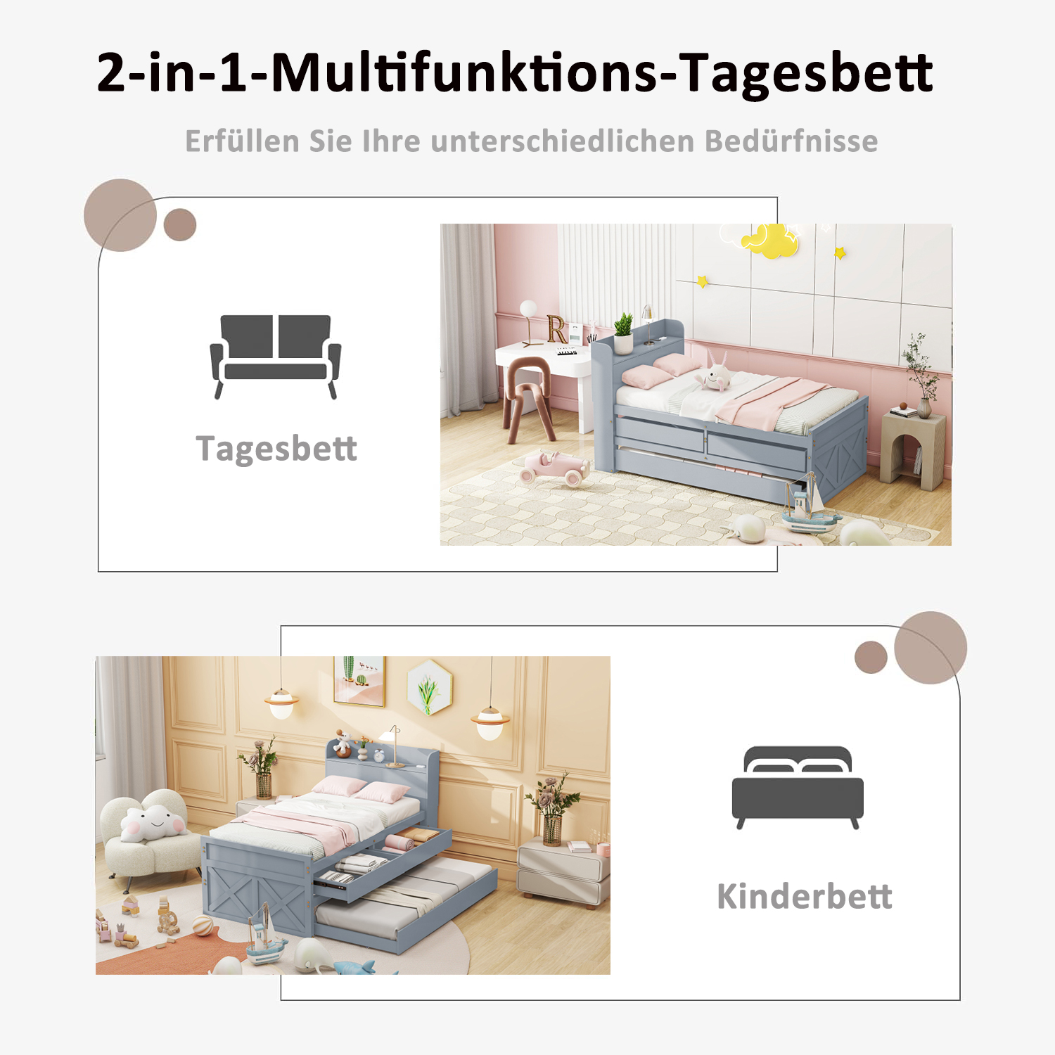 Dimensions du lit multifonction Gris 90 x 190 cm avec lit gigogne et tiroirs