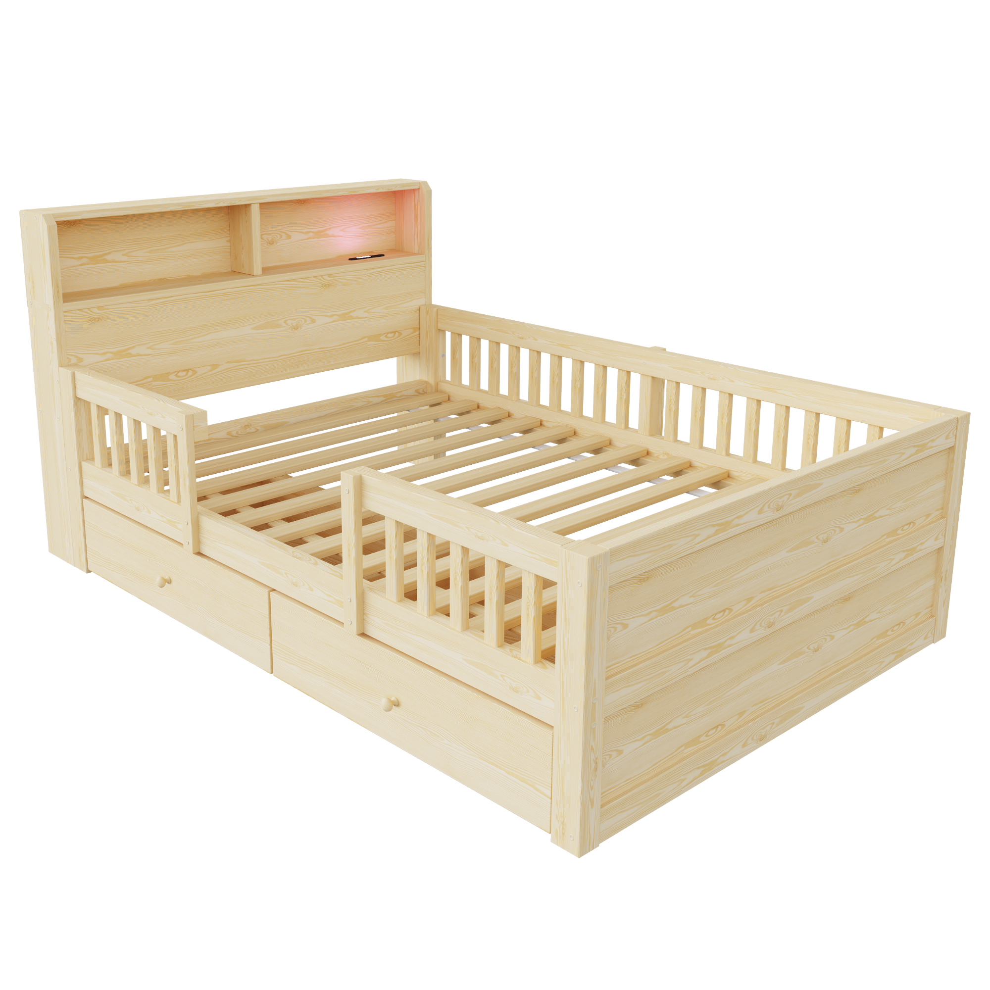 Lit enfant 90 x 190 cm, 2 tiroirs, éclairage LED intégré à la tête de lit, USB et USB-C, bois de pin, effet bois naturel, 205 x 95 x 80 cm - spécifications 1