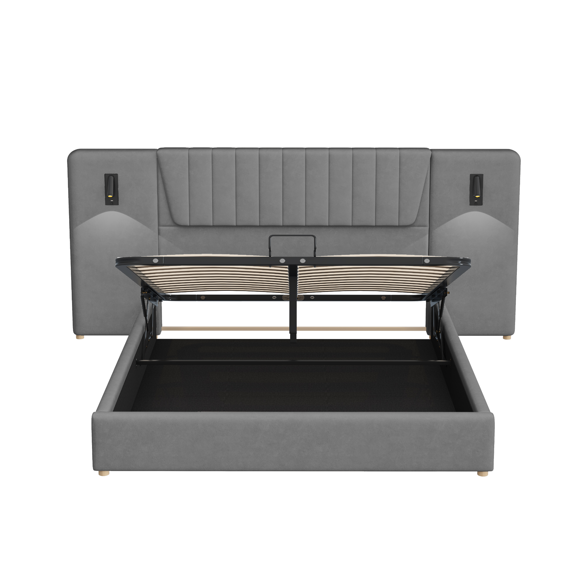 Lit rembourré en velours avec tête extra large, 2 lampes de lecture pivotantes 180° + USB, pour chambre, confort supérieur, recharge au lit, design élégant, style luxueux, stabilité, fonctionnalité - image 11