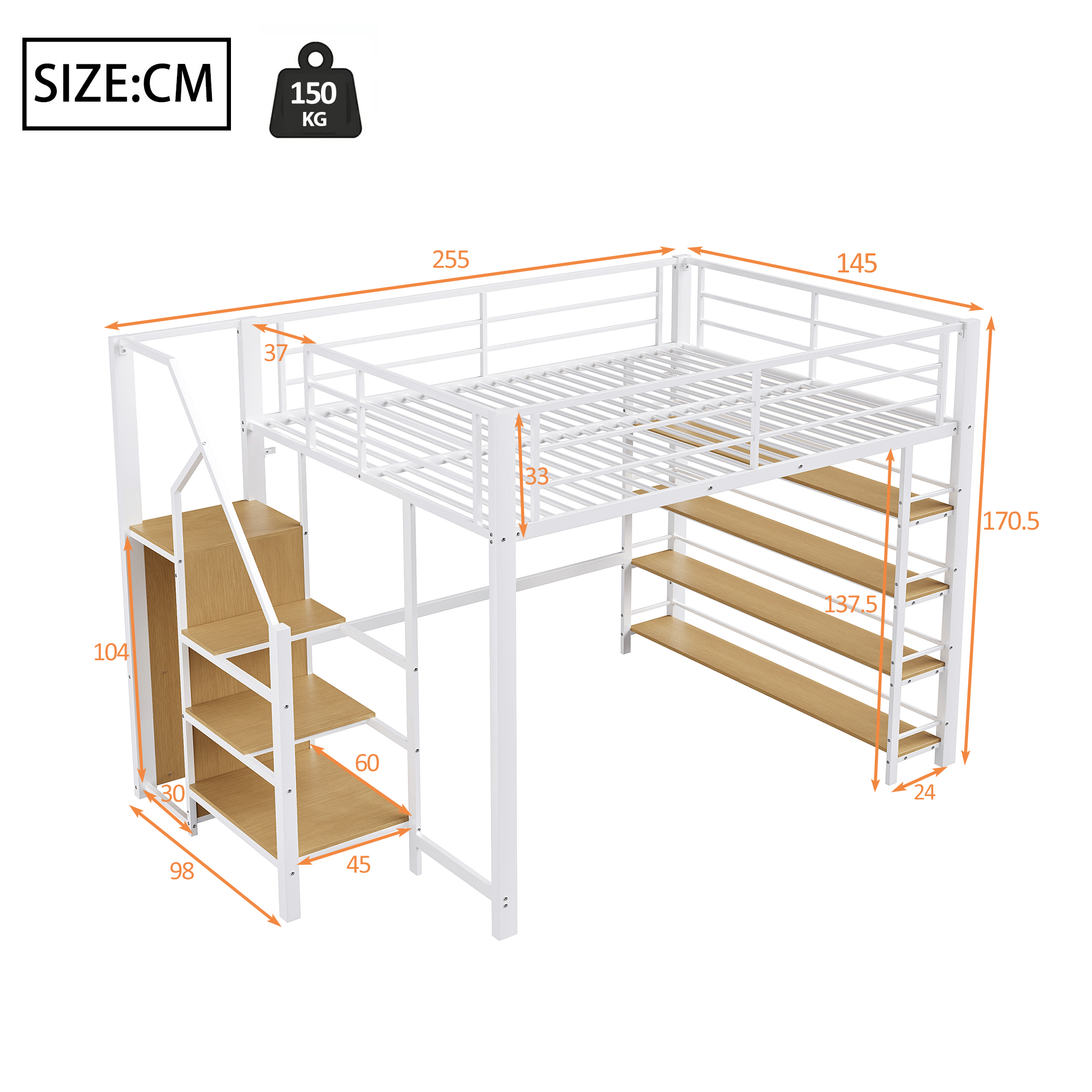 Lit mezzanine 140x200 cm gain de place 255x145x170,5 cm en métal Blanc - vue complémentaire 1