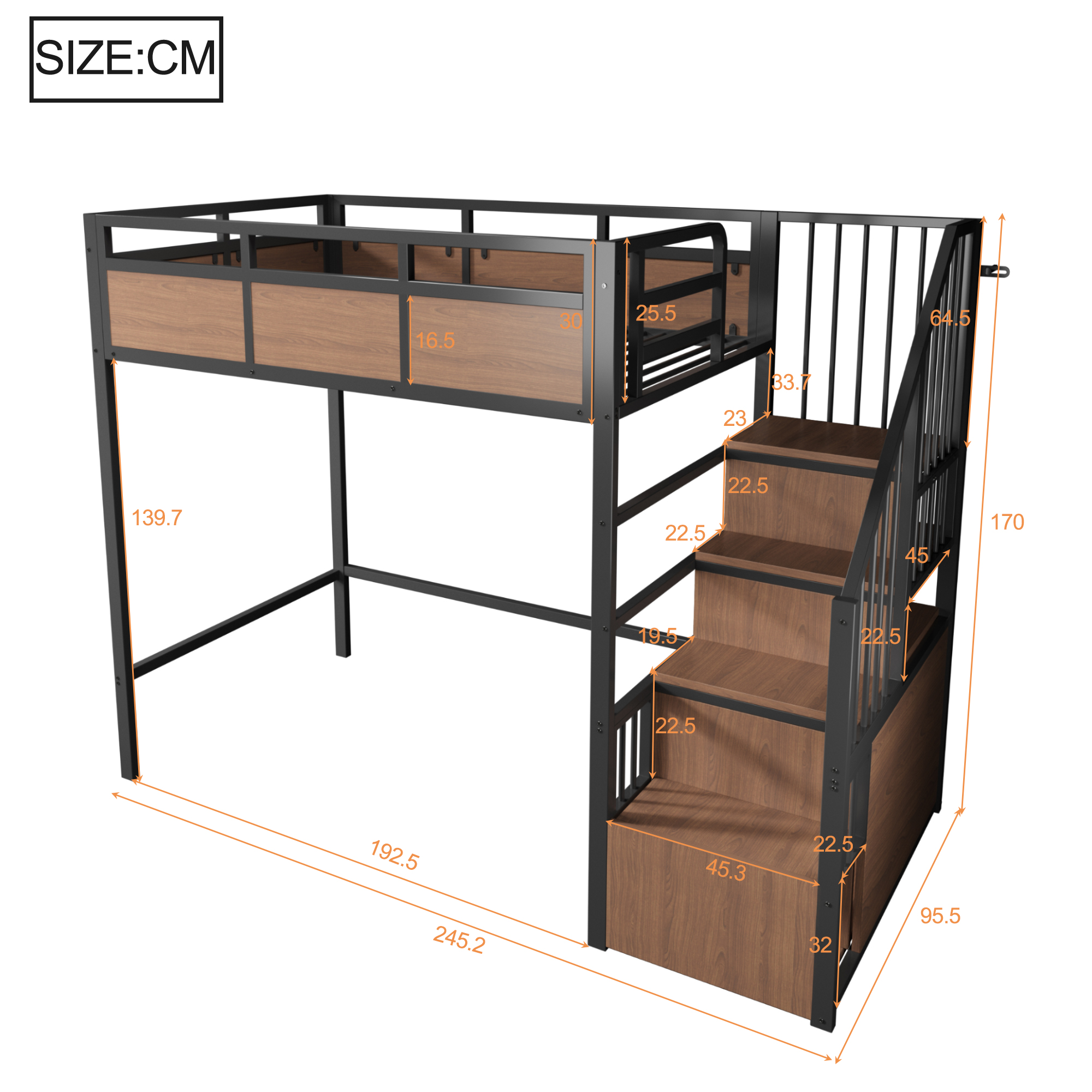 Lit mezzanine 90 x 200 cm, bureau intégré, échelle latérale, éclairage LED sous le couchage, garde-corps, métal, noir, 245,2 x 95,5 x 170 cm - vue complémentaire 1