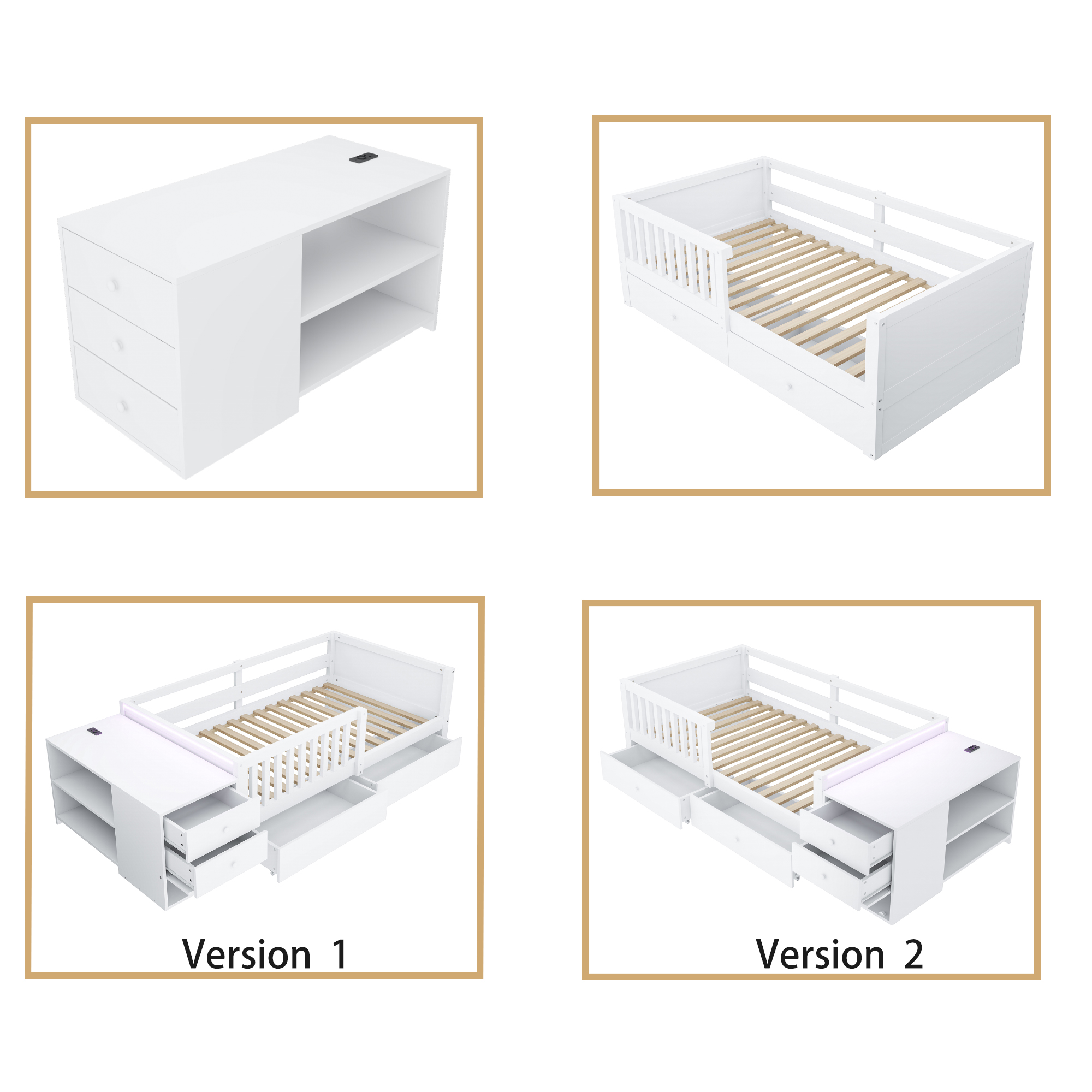 Lit enfant 90 x 200 cm avec 2 tiroirs, bureau, LED, ports de charge, bois, Blanc - dimensions et détails