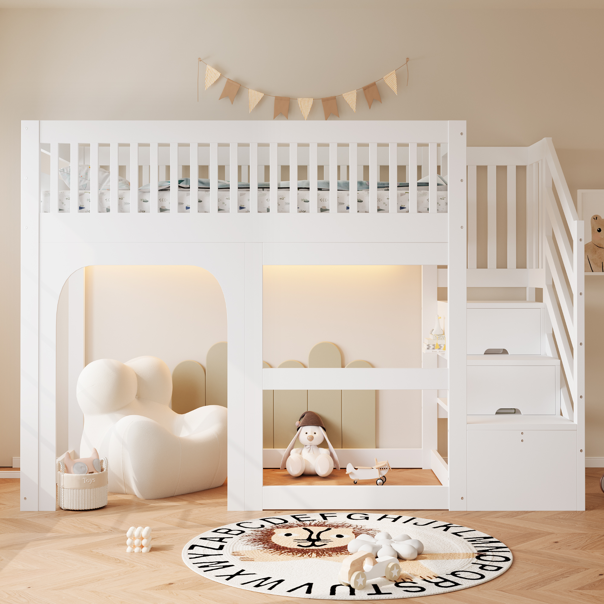Lit mezzanine en bois 90 x 200 cm avec éclairage LED, rangements et barrières de sécurité, Blanc