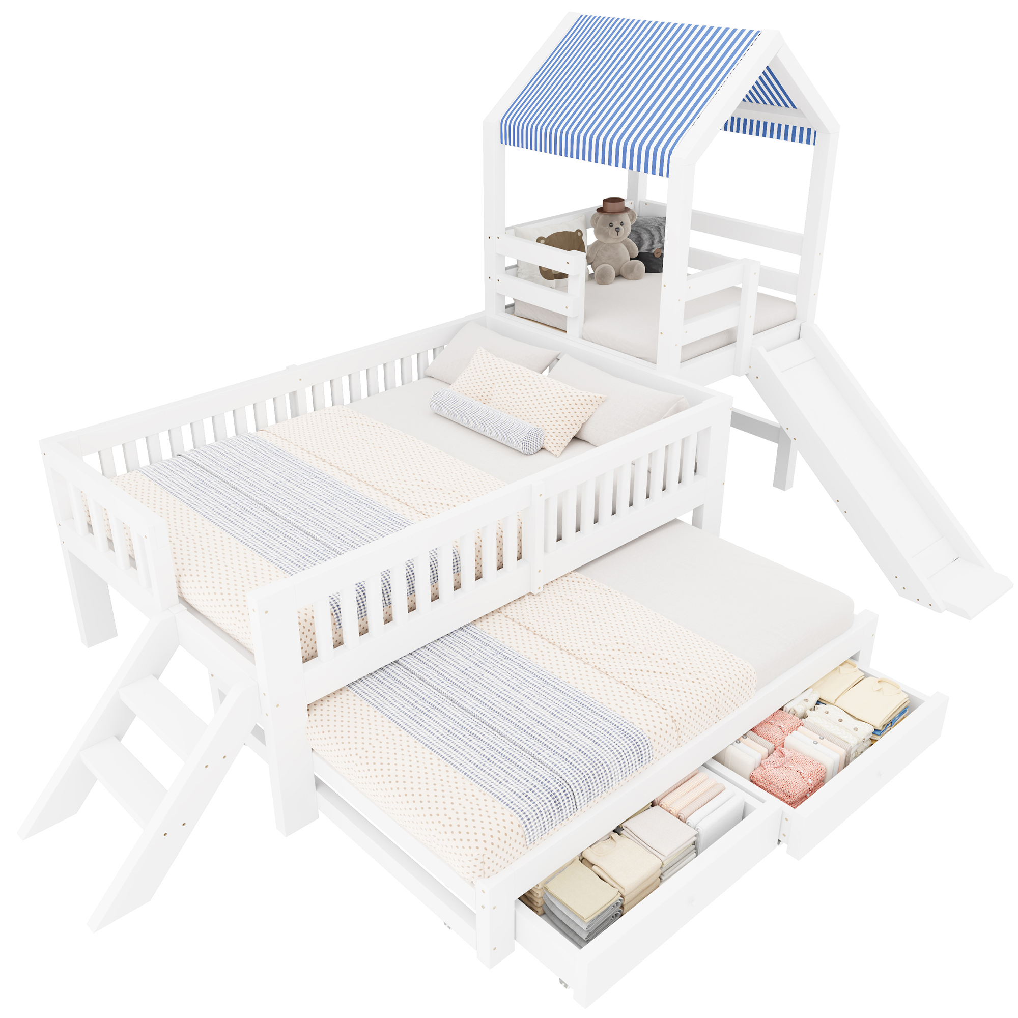 Détails de Lit superposé en bois 90 x 200 cm + 90 x 190 cm avec lit gigogne, tiroirs, rangements et toboggan, Blanc