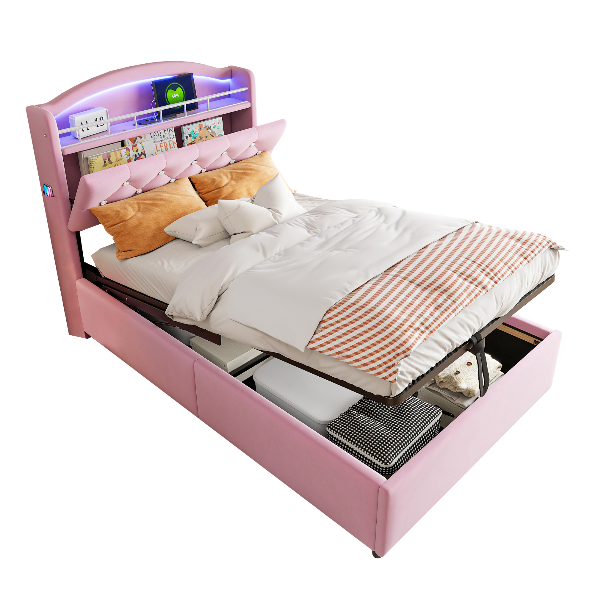 Détails de Lit coffre rembourré en velours 90 x 200 cm avec rangement hydraulique, LED et ports USB-C, Rose
