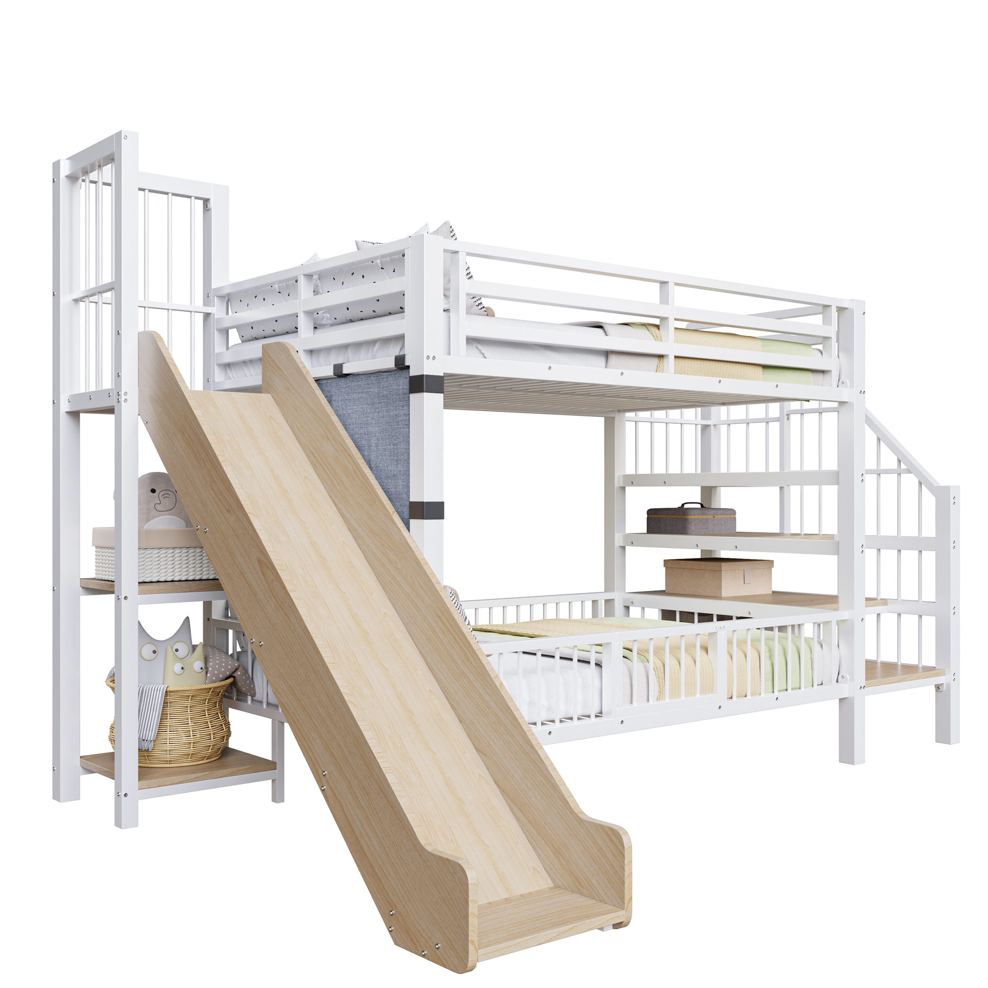 Dimensions et détails du lit mezzanine enfant en métal avec toboggan, escalier de rangement et barrières de sécurité blanc
