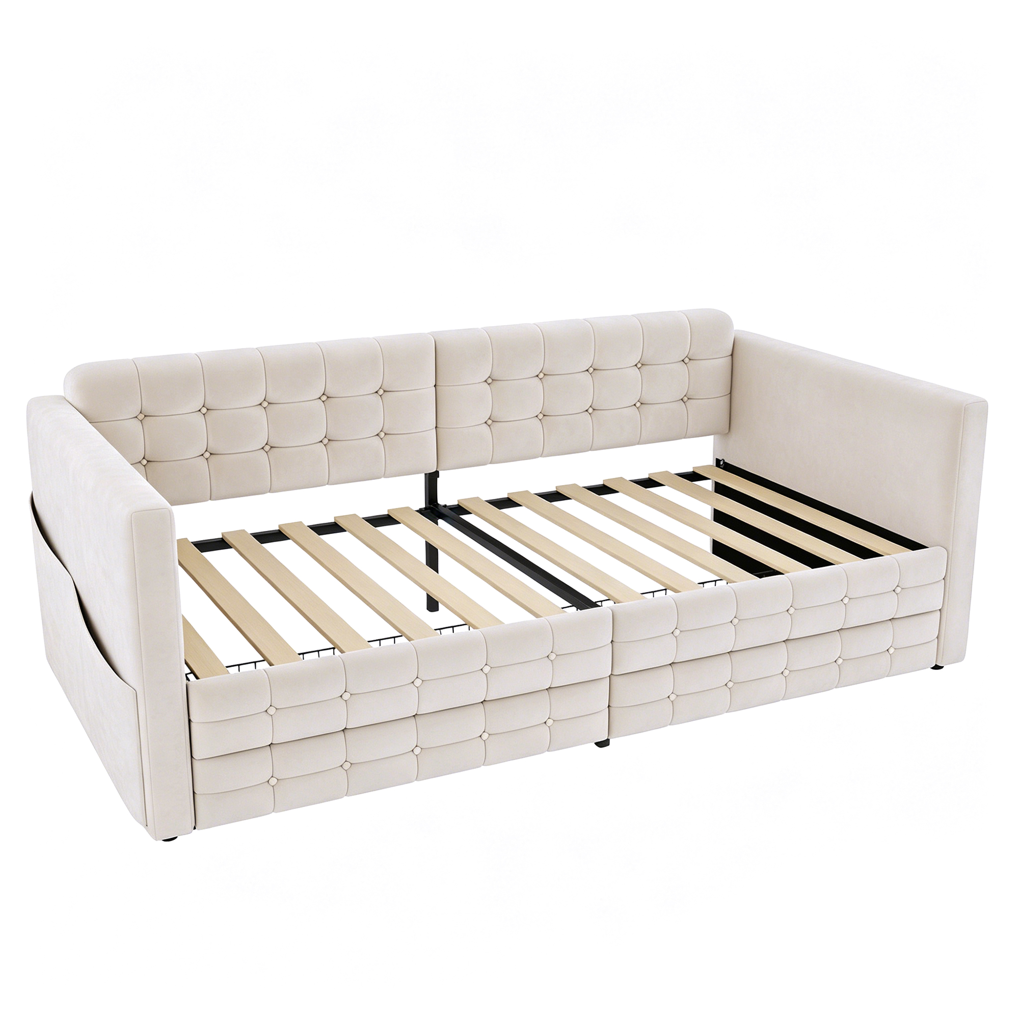 Lit banquette rembourré 90 x 190 cm, 2 tiroirs, velours, beige, 202,4 x 99 x 78,5 cm - spécifications 1
