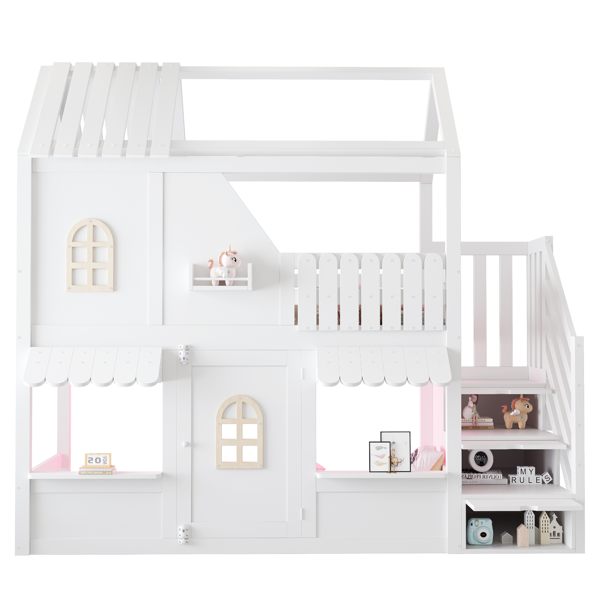 Lit superposé 90 x 200 cm avec échelle avec rangement, LED, rangements, bois, Blanc - dimensions et détails