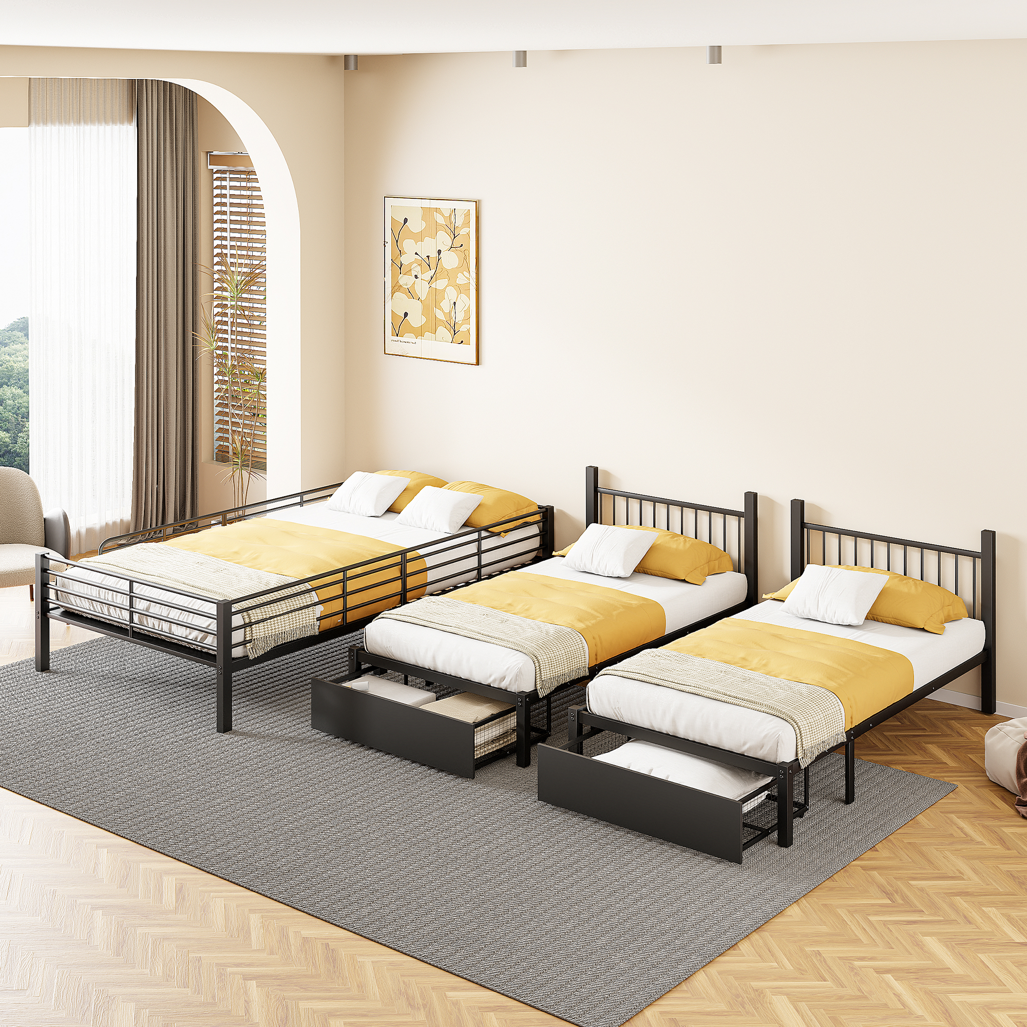 Lit triple 140×200 + 2×90×200 cm, 2 tiroirs escamotables, divisible en 3 lits séparés, barrières continues, pour famille et invités, gain de place vertical, stabilité, sécurité, fonctionnalité, durabilité - image 5