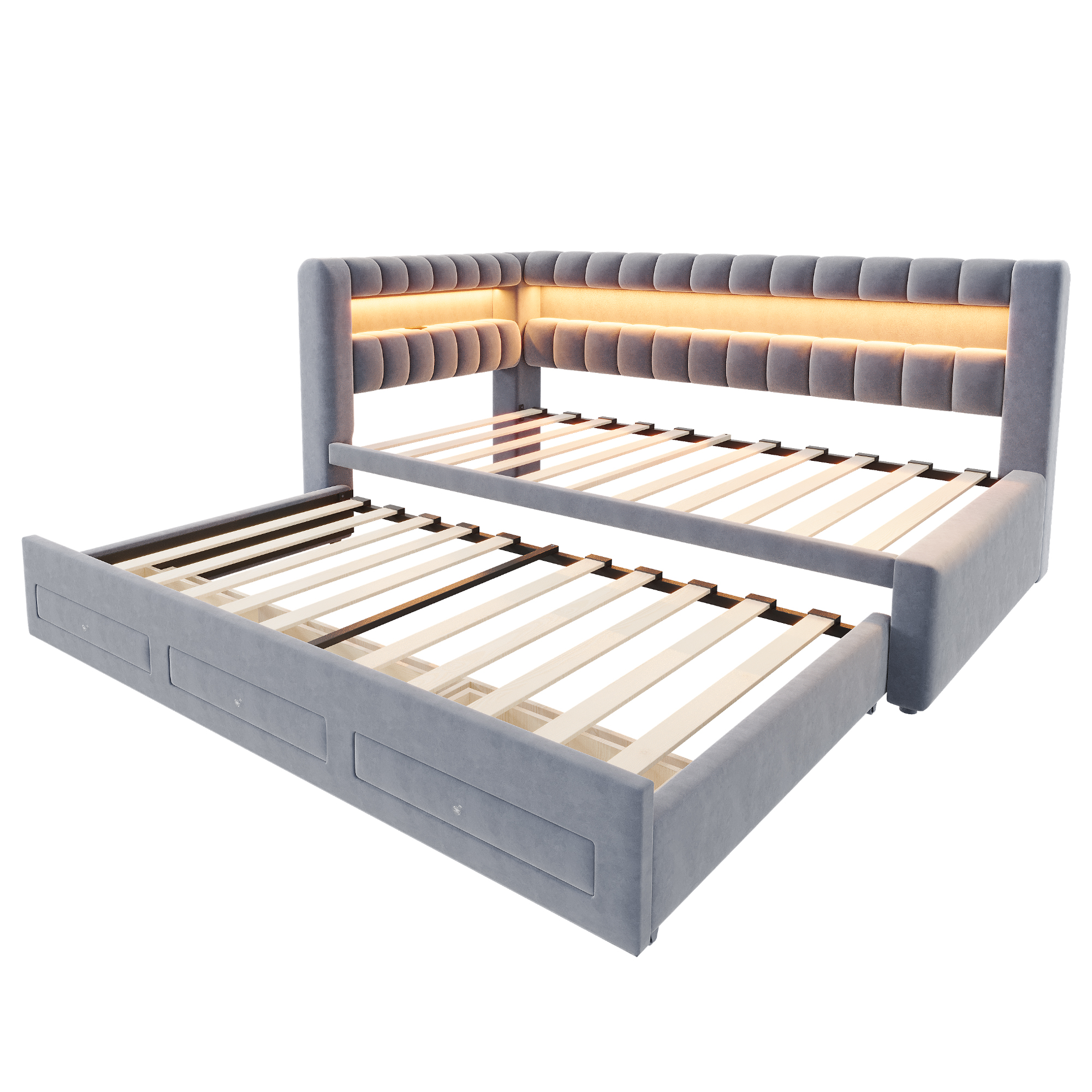 Lit banquette convertible 90x190 cm,en velours,couchage gigogne,éclairage LED,ports USB et Type-C,gris,lit 1 place,lit avec rangement intégré