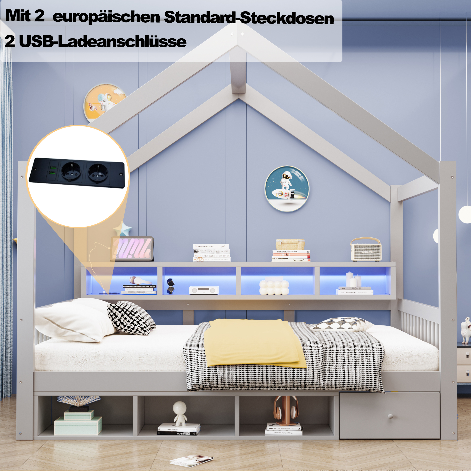 Lit cabane 140x200 cm gris avec rangement tiroirs LED et prise